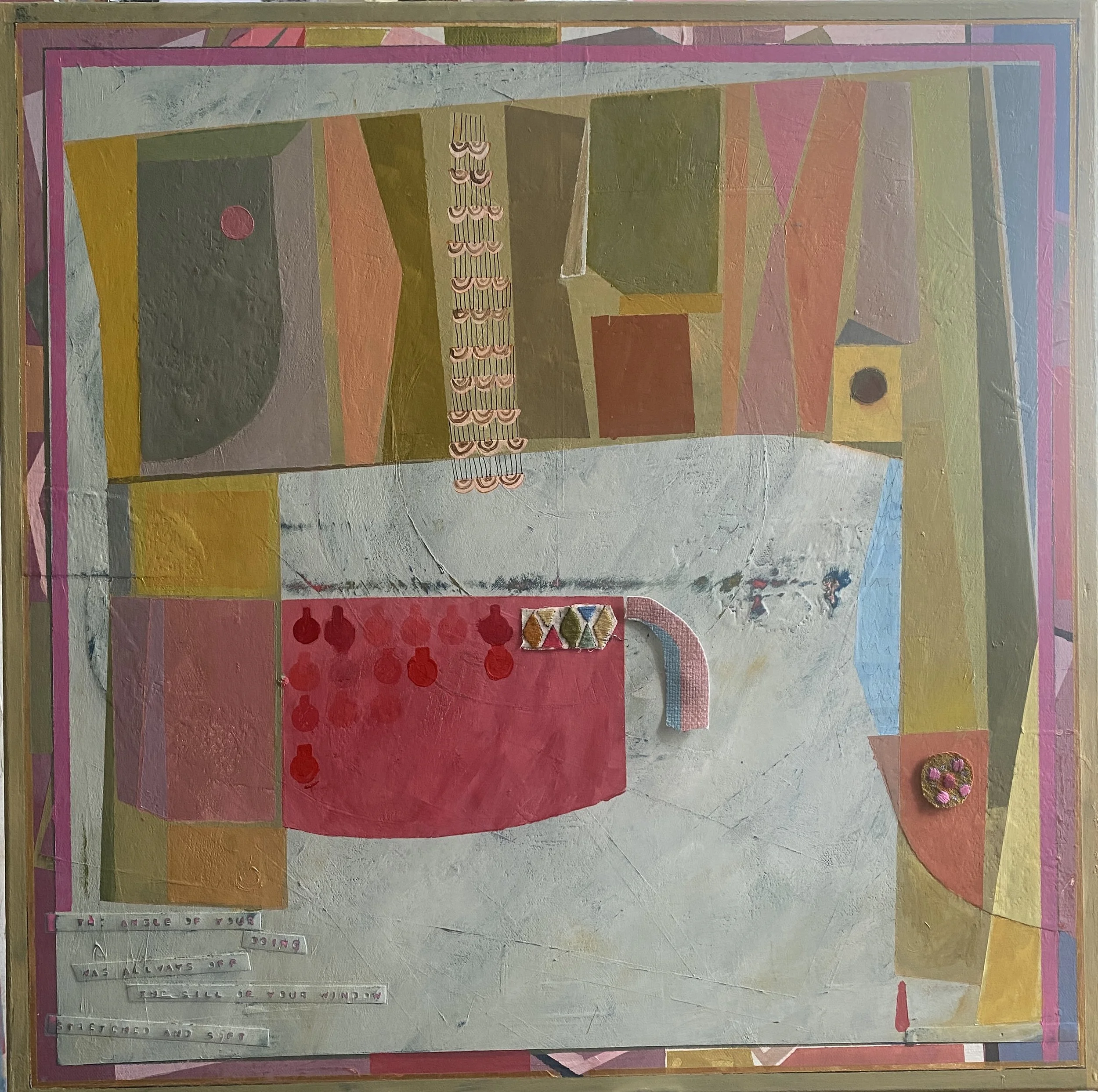 Cabaret of Magic 2.
Acrylic paint, embroidery and found objects on wooden panel 50 x 50cm