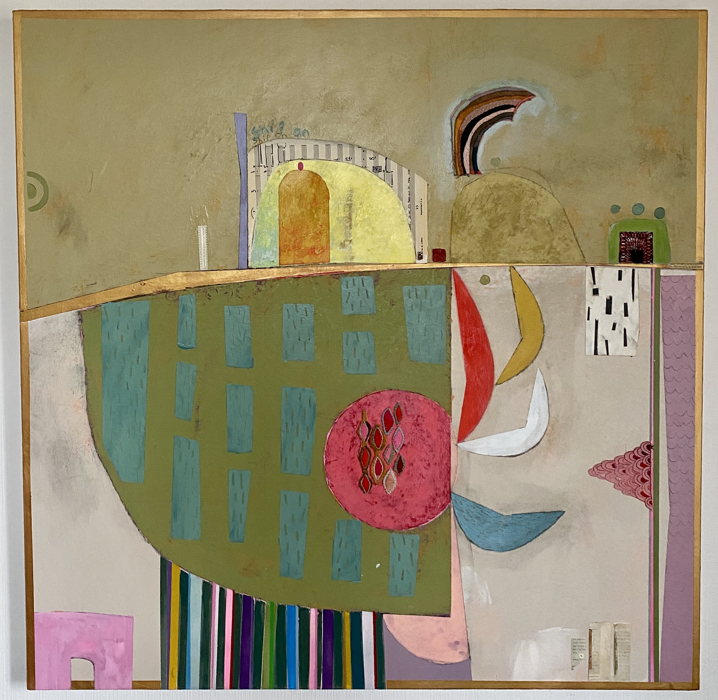 Ship On. 
Acrylic paint, embroidery and found objects on canvas. 120 x 120cm