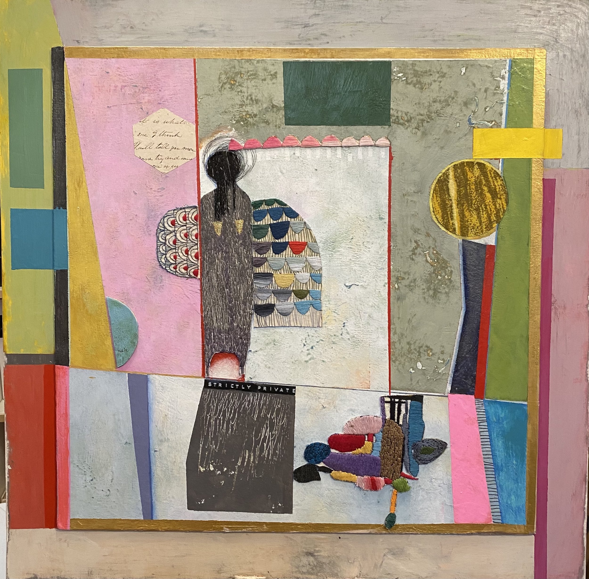 Strictly Private.
Acrylic paint, embroidery and found objects on wooden panel. 50 x 50cm