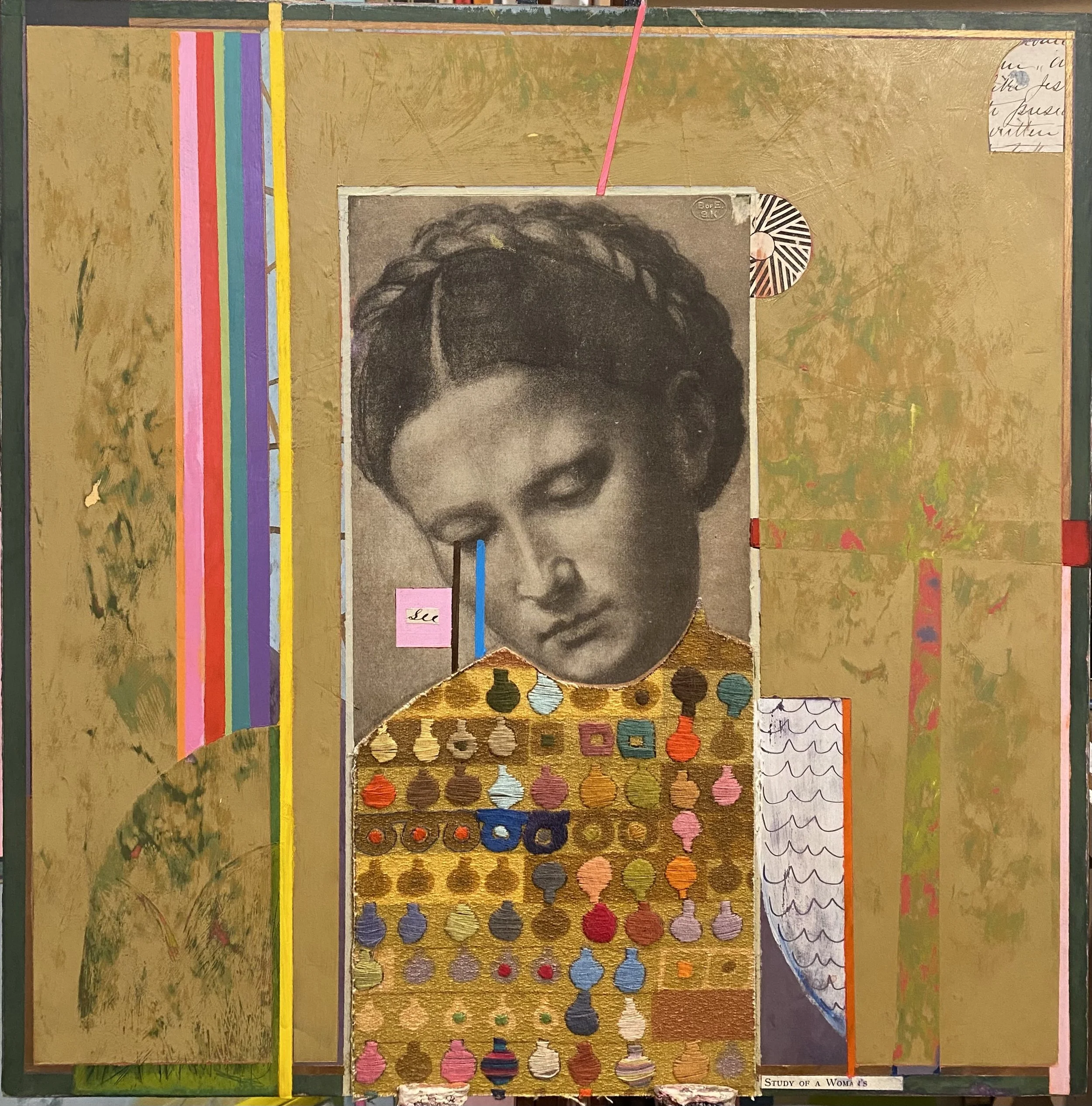 Study of a Woman's Head
Acrylic paint, embroidery and found objects on wooden panel. 50 x 50cm