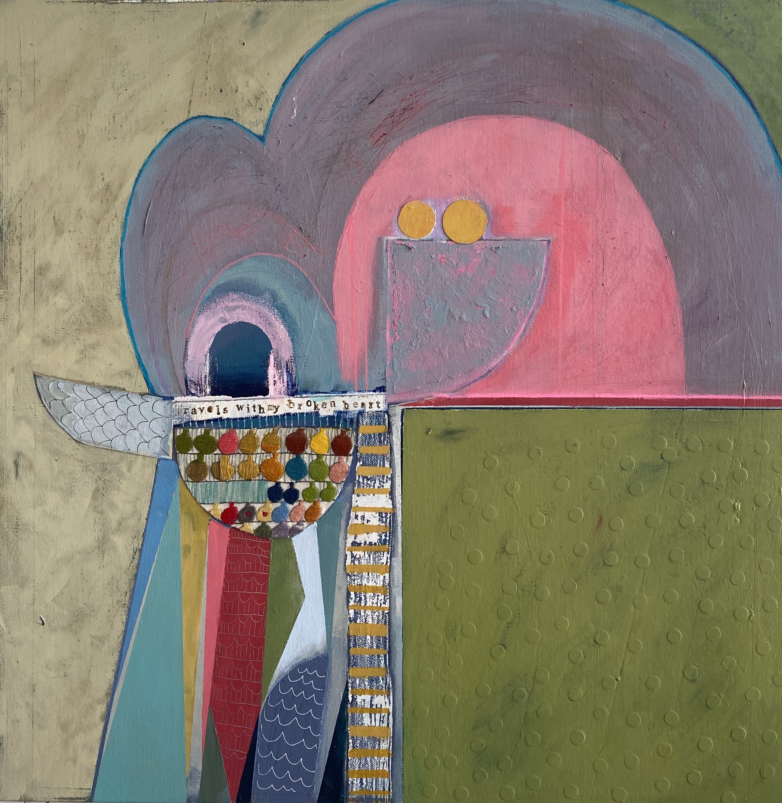 Travels With my Broken Heart.
Acrylic paint, embroidery and found objects on canvas 70 x 70cm