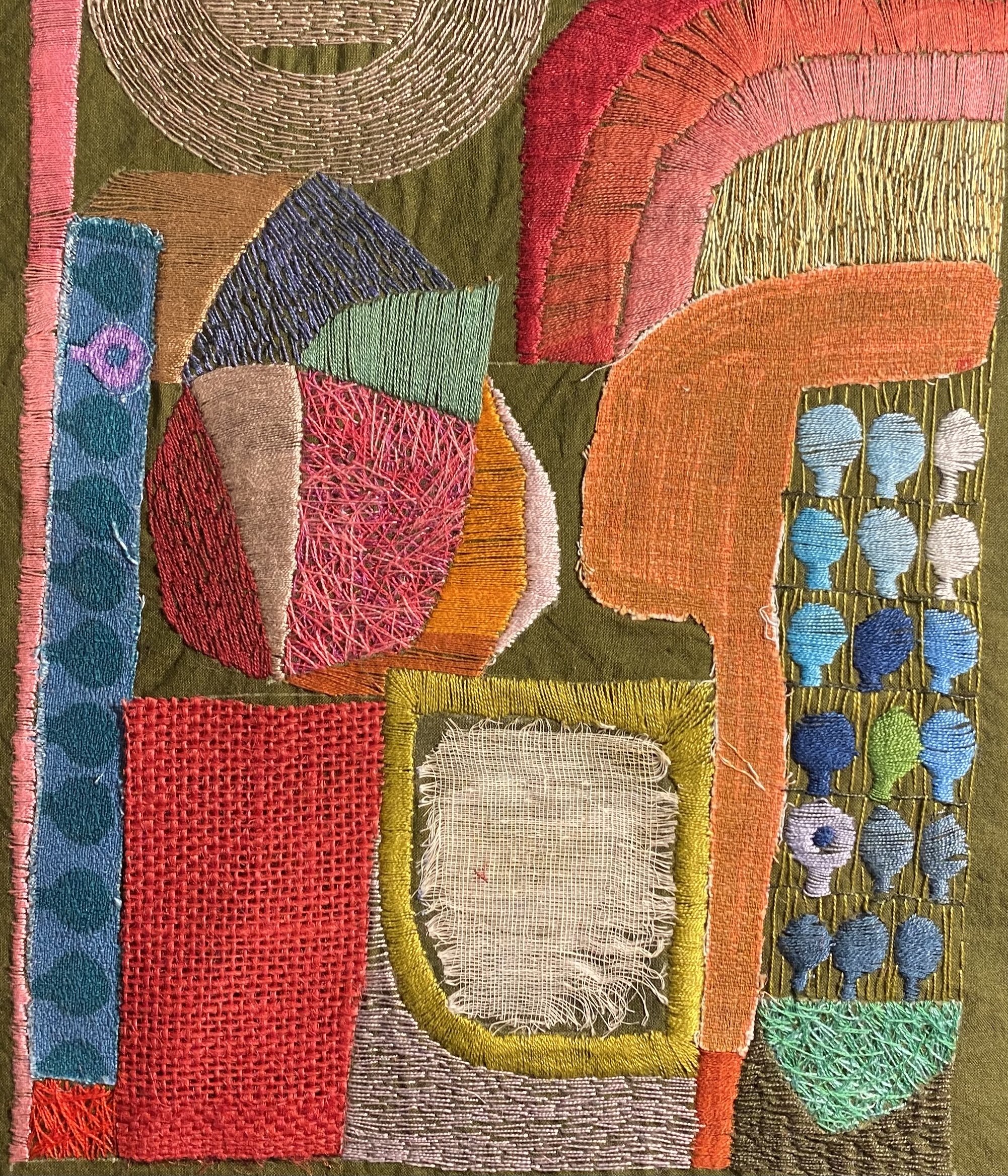Follow me.
Embroidery, found objects and fabric collage on hessian. 31 x 26cm