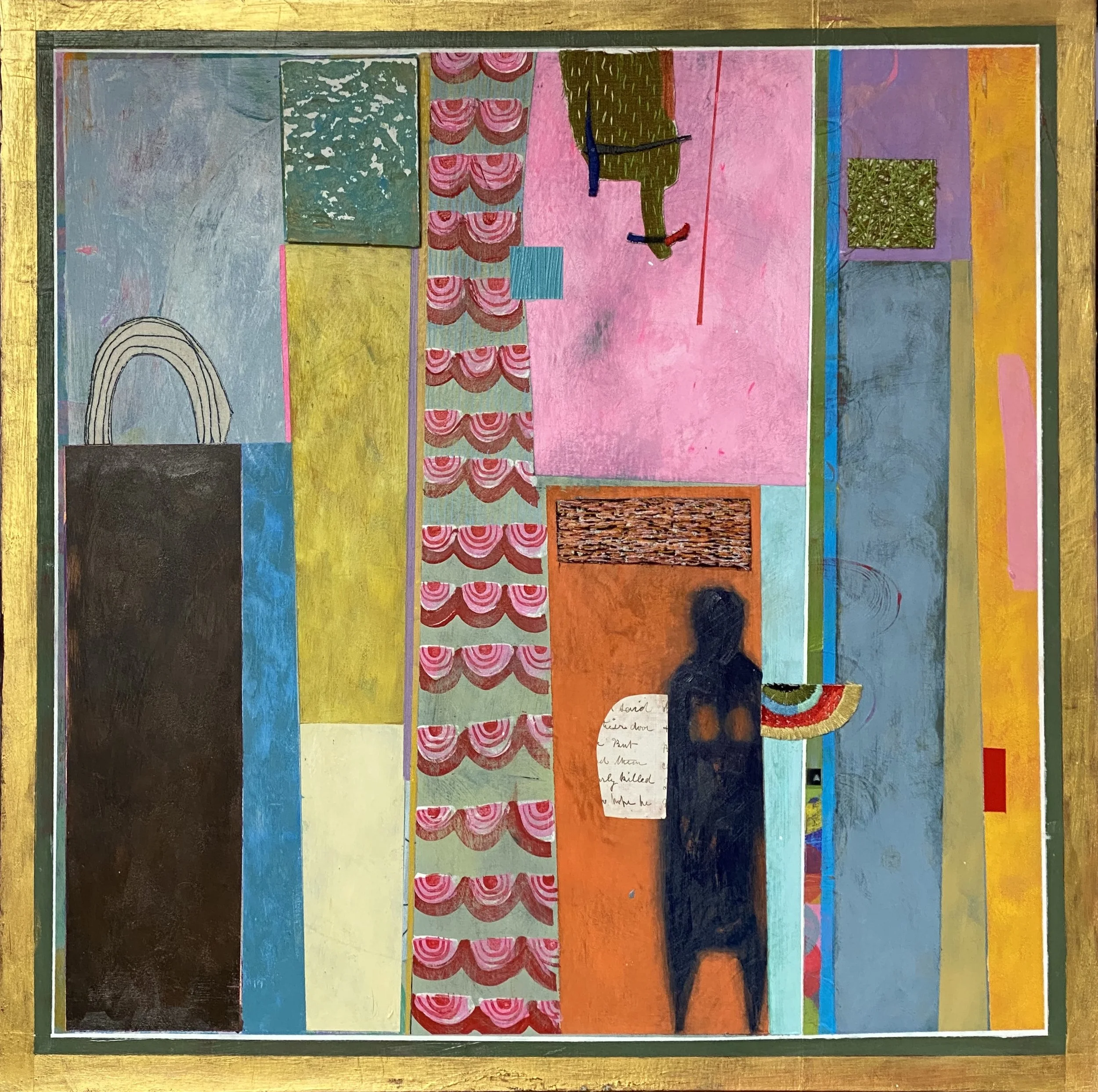 Gloom.
Acrylic paint, embroidery and found writing on wooden panel. 60 x 60cm