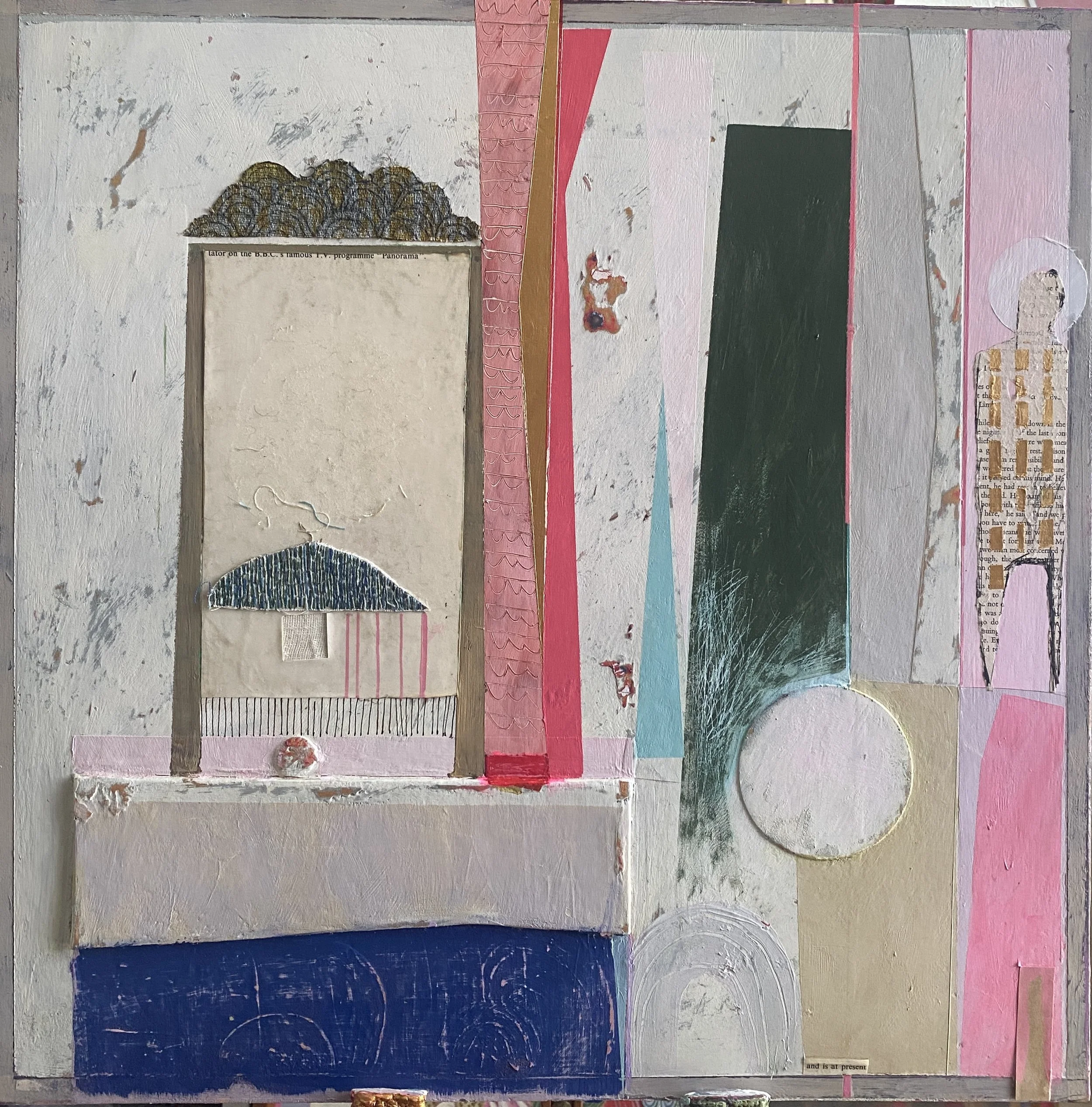 Hiding behind your house.
Acrylic paint, embroidery and found objects on wooden board 50 x 50cm
