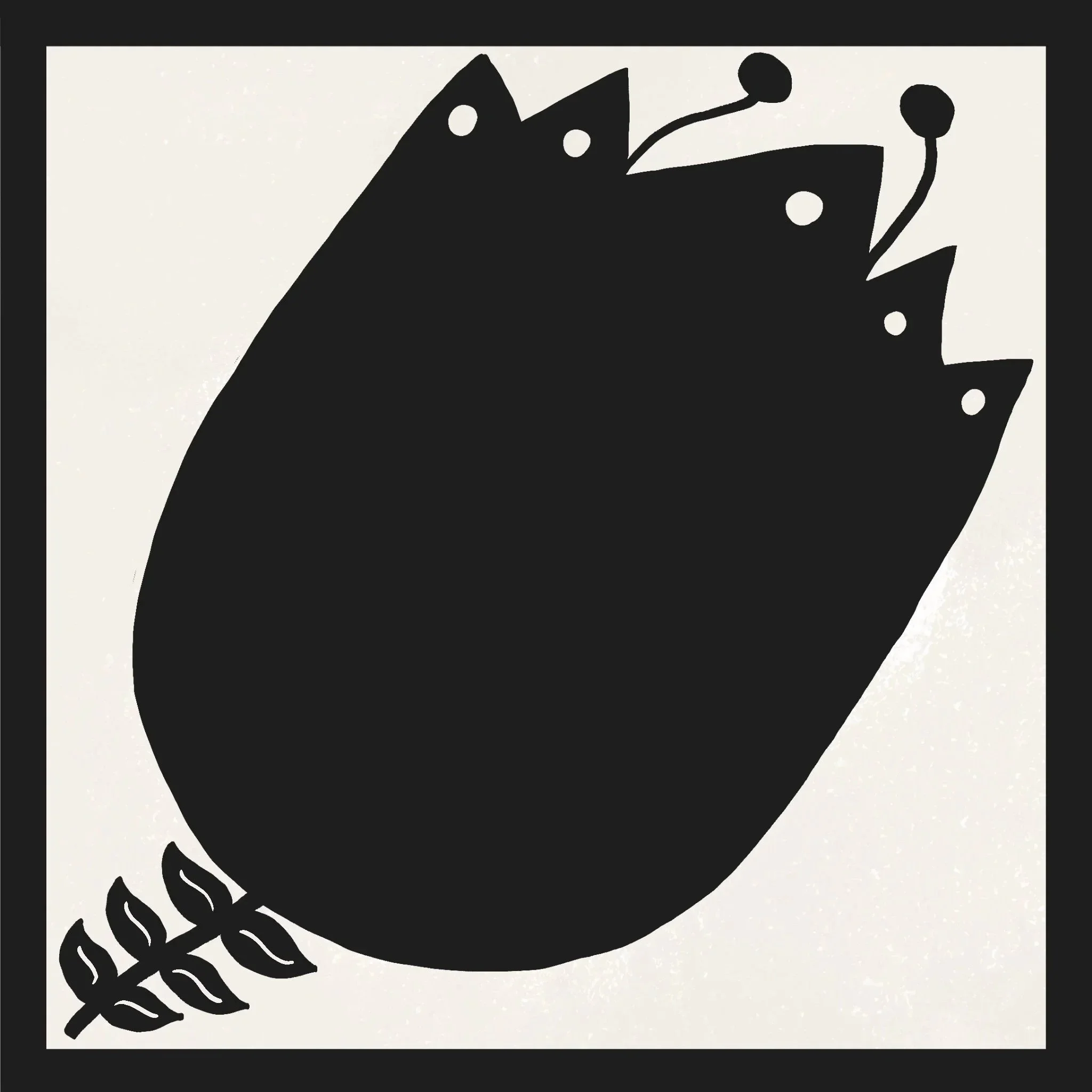 Black silhouette of a flower with pointed petals, buds, and a stem with leaves.