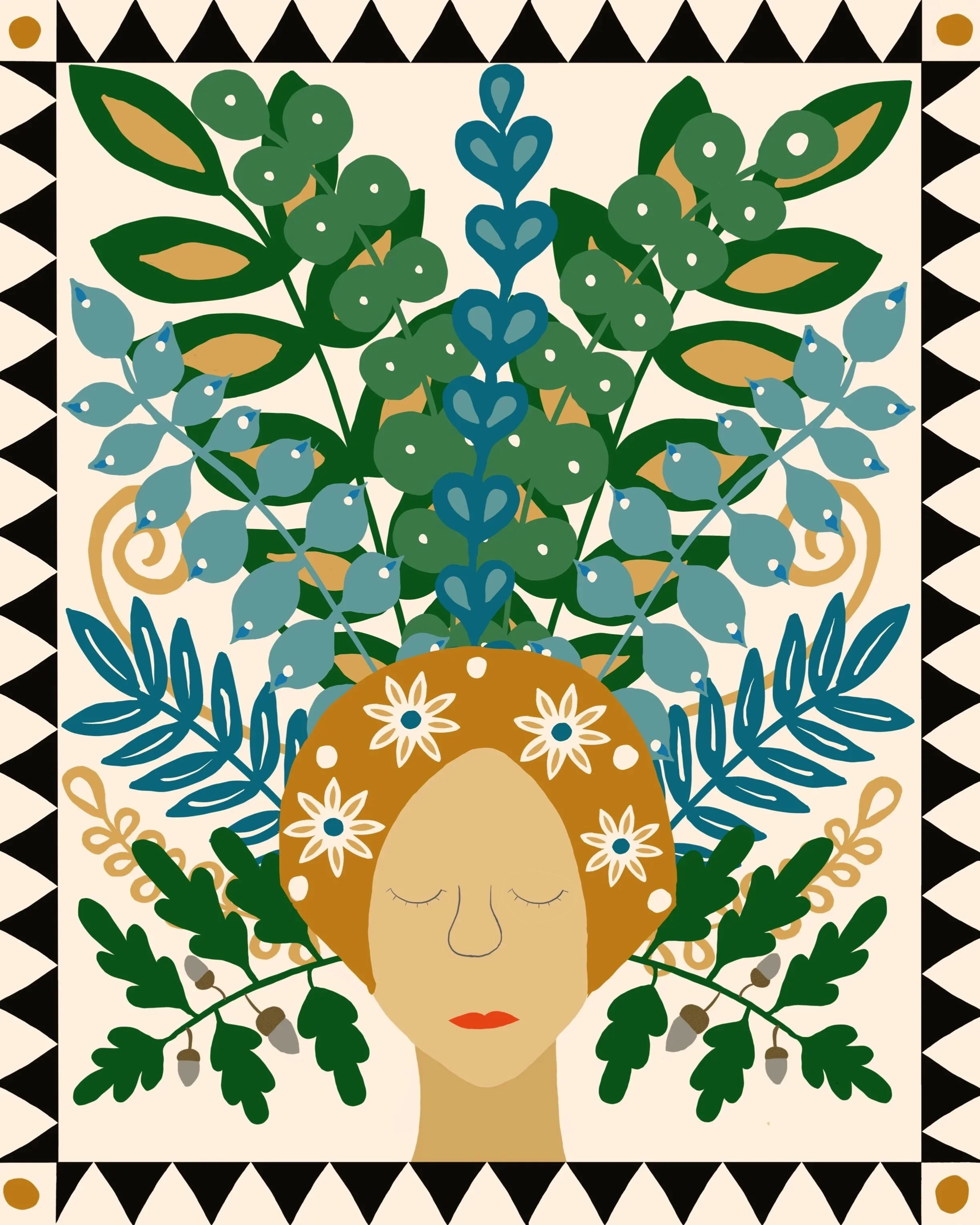 Illustration of a woman with closed eyes and red lips, surrounded by lush green leaves, berries, berries with heart-shaped leaves, and white flowers with yellow centers, framed in a black and white triangular patterned border.