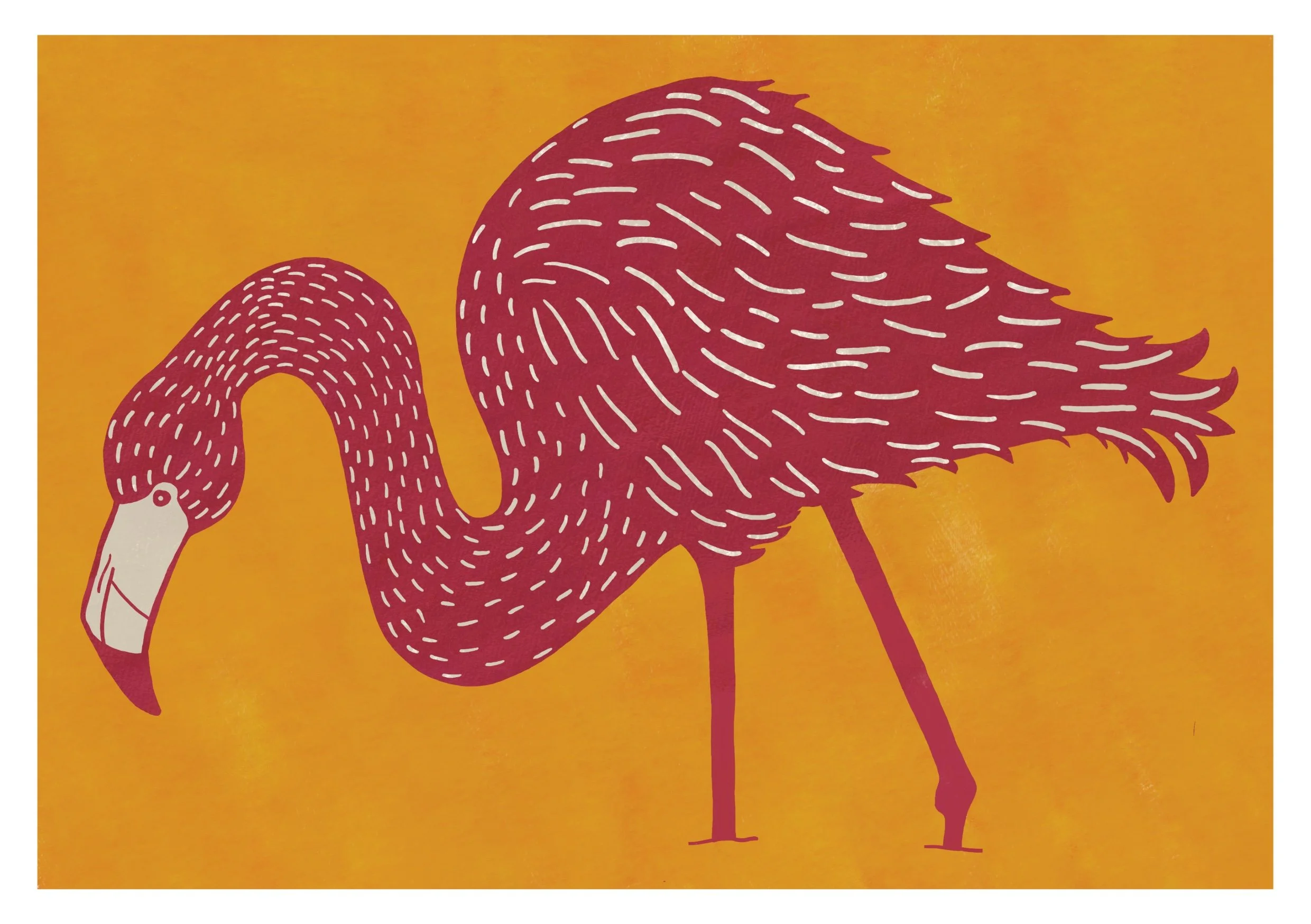 Stylized illustration of a flamingo with a yellow background. The flamingo is pink with white dashed lines for feathers, a white beak with black tip, and long slender legs.