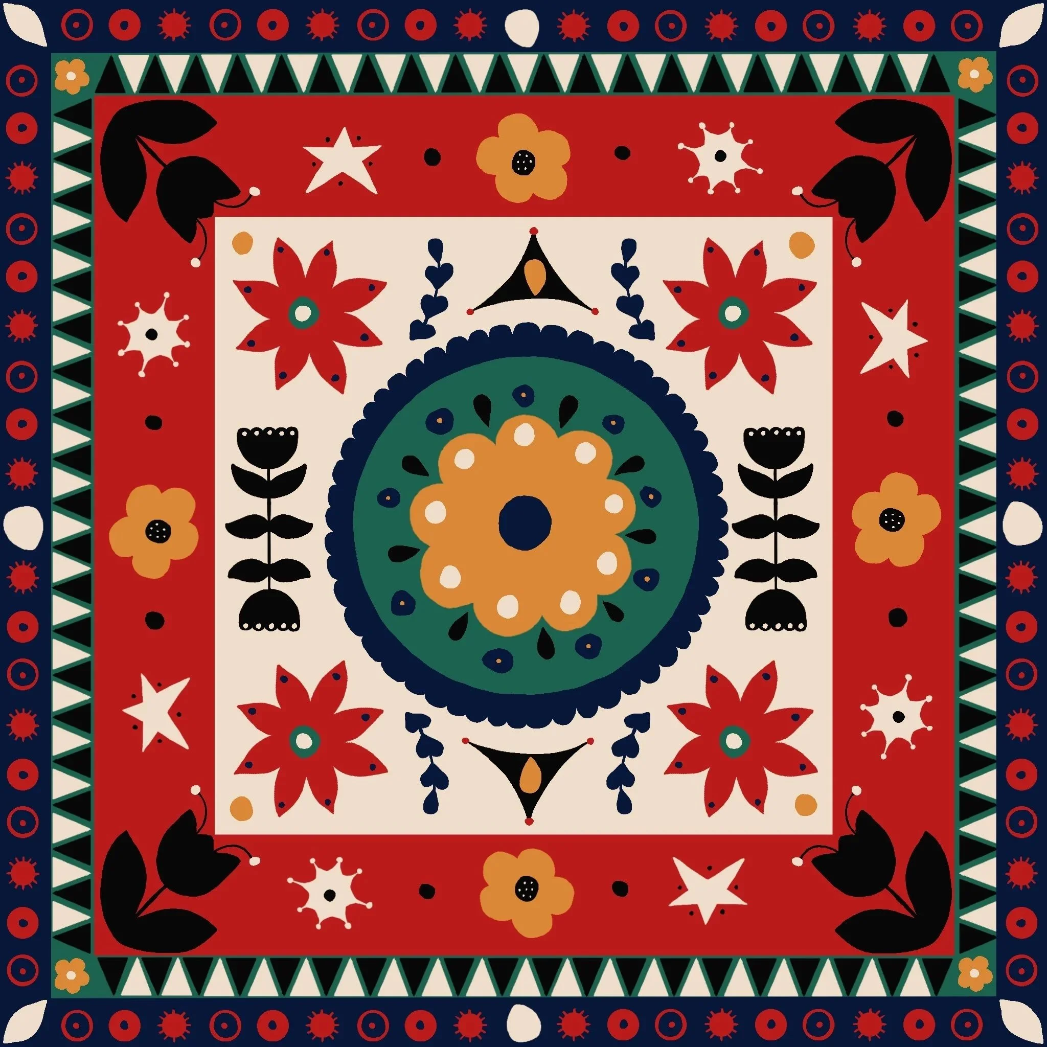 A colorful, geometric folk art-style patterned textile featuring a central circular motif, surrounded by flowers, stars, and abstract shapes in red, green, yellow, black, and white, with multiple colorful borders.