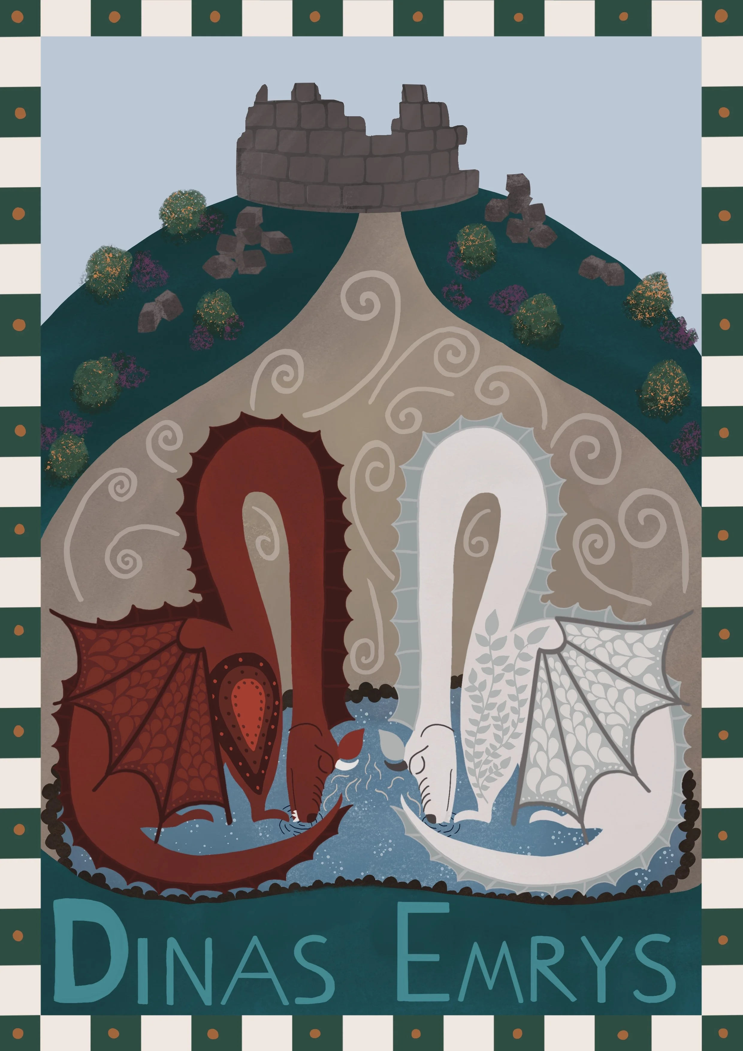 Dinas Emrys folk art illustration with red and white dragons