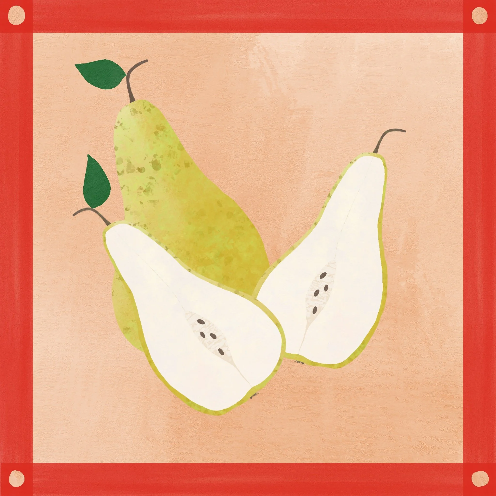 Illustration of a whole pear and a pear cut in half, showing the seeds inside, on a pink background with a red border.