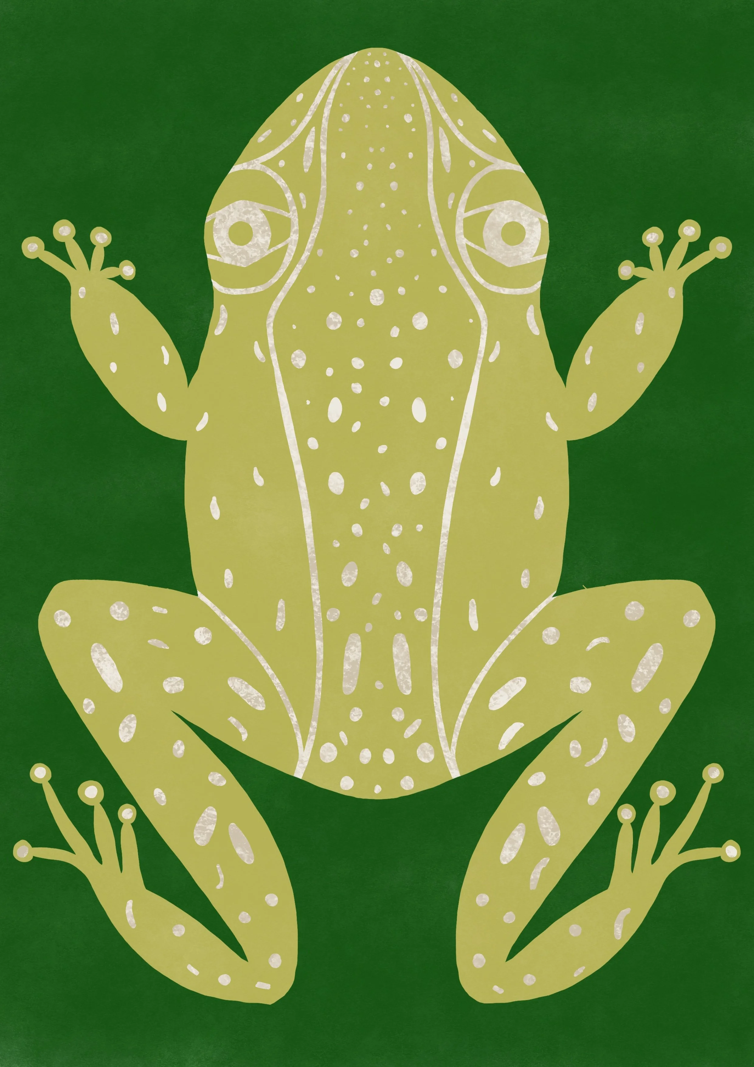 Stylized illustration of a green frog sitting with its legs crossed against a dark green background.