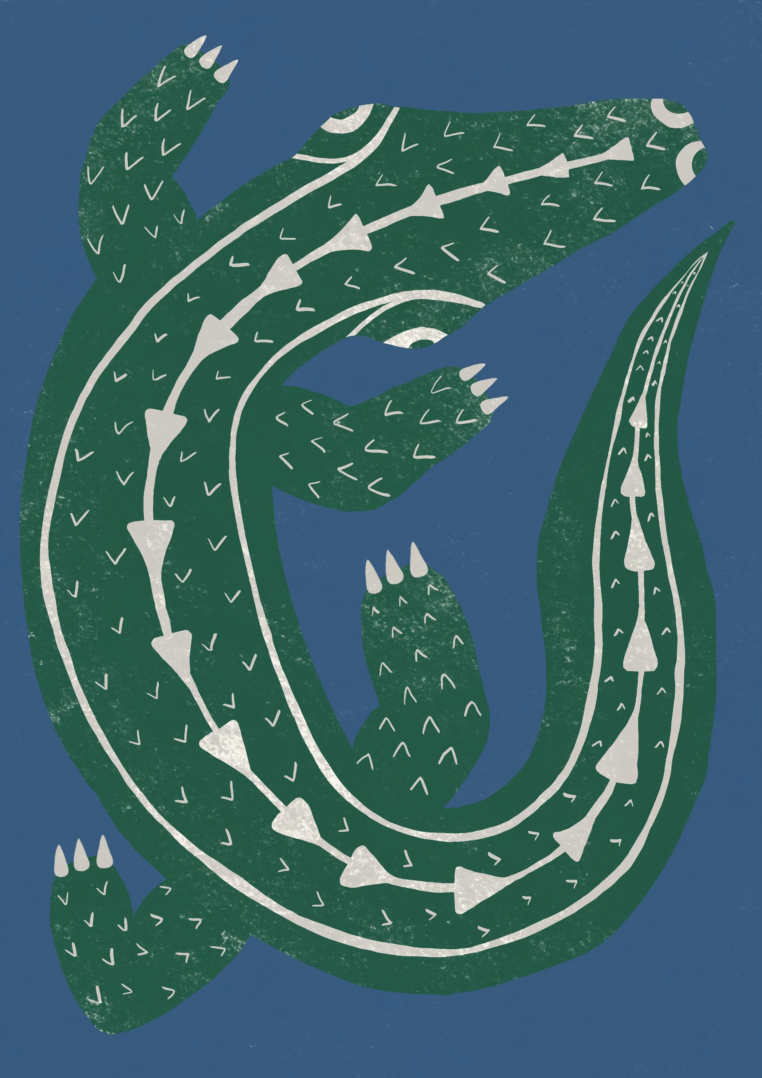 Green crocodile illustration in a folk art style 