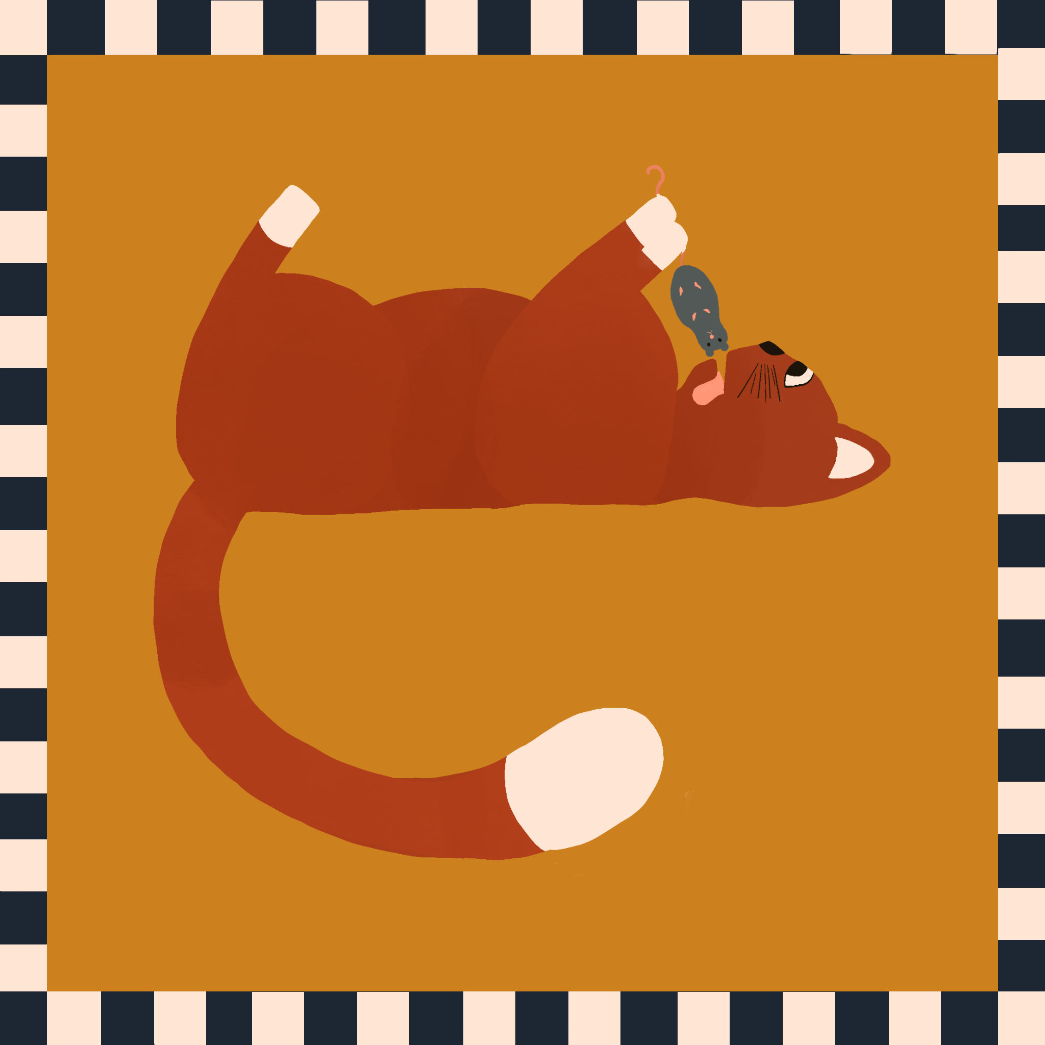 Illustration of a brown cat lying on its back with its belly up on a mustard yellow surface, holding a gray mouse toy in one paw, with a black and cream checkered border around the image.