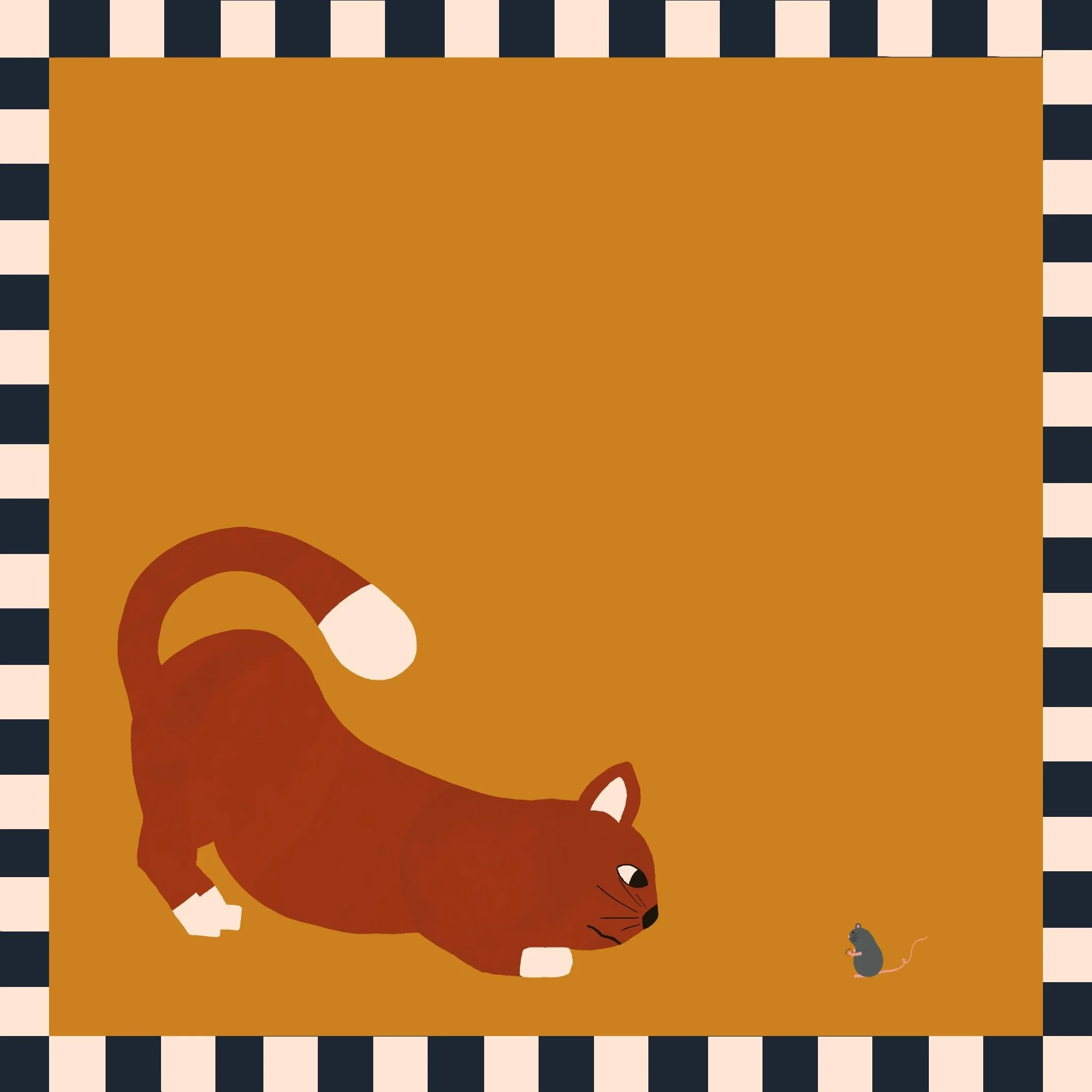 A digital illustration of a brown cat crouched low to the ground, facing and staring at a small gray mouse on a mustard-colored background. The scene is framed by a border of alternating black and light pink vertical stripes.