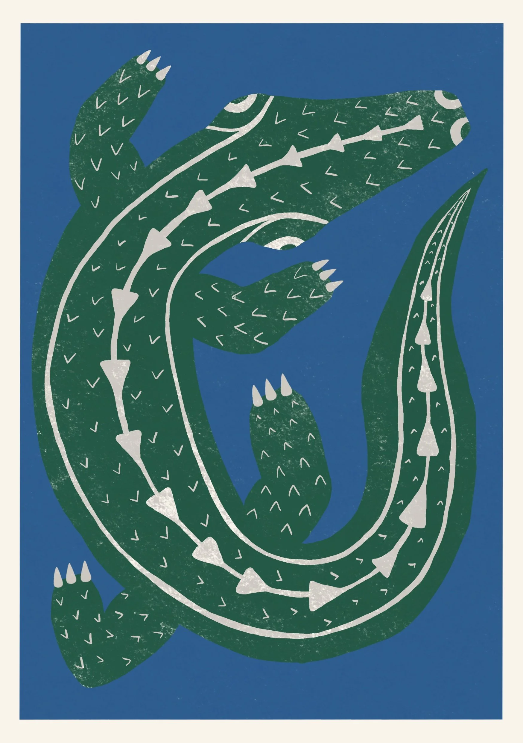 Illustration of a green crocodile with white patterns on a blue background.