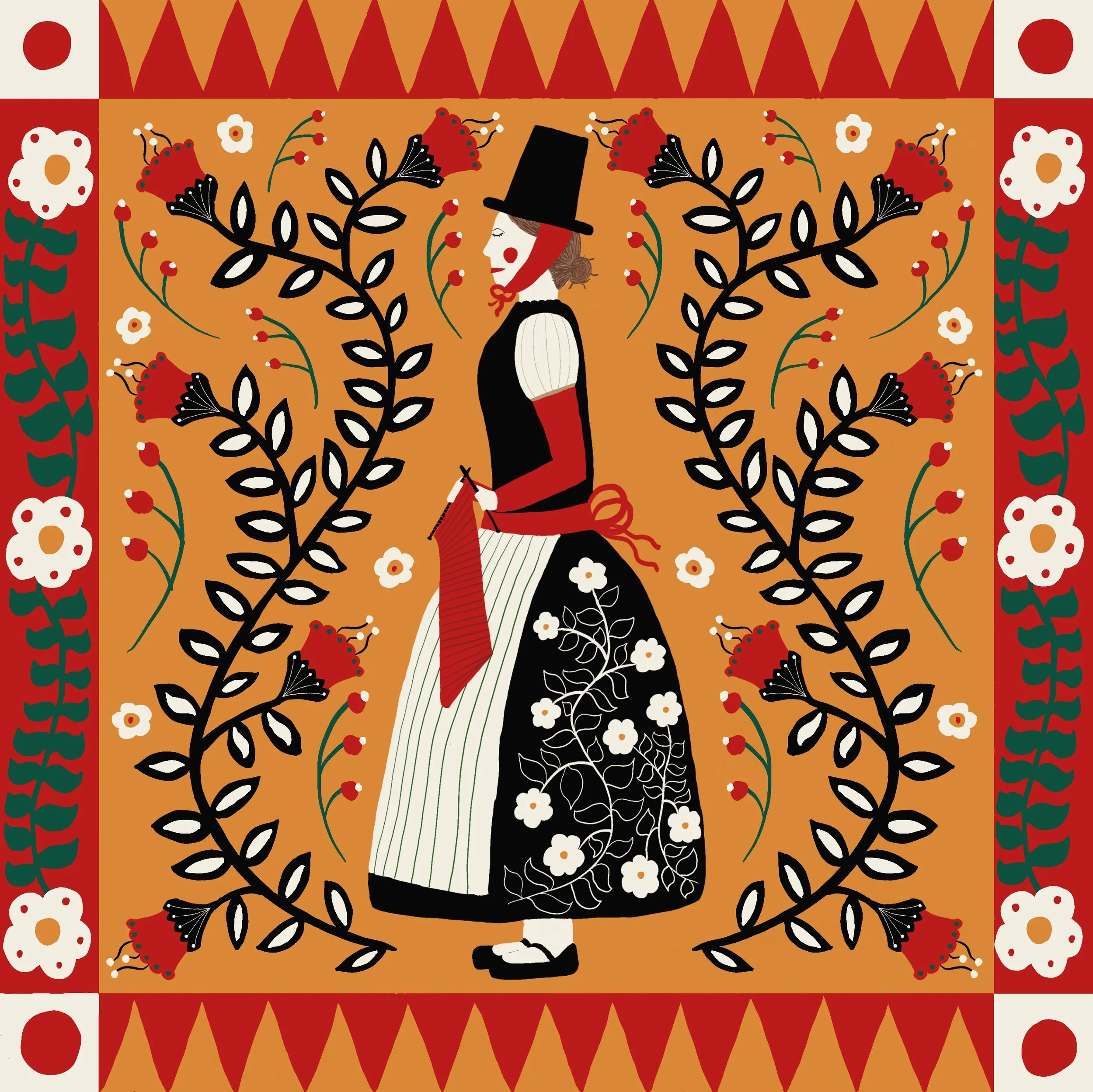 A woman dressed in traditional folk attire, sitting and knitting, surrounded by floral and leaf motifs on a decorative background.