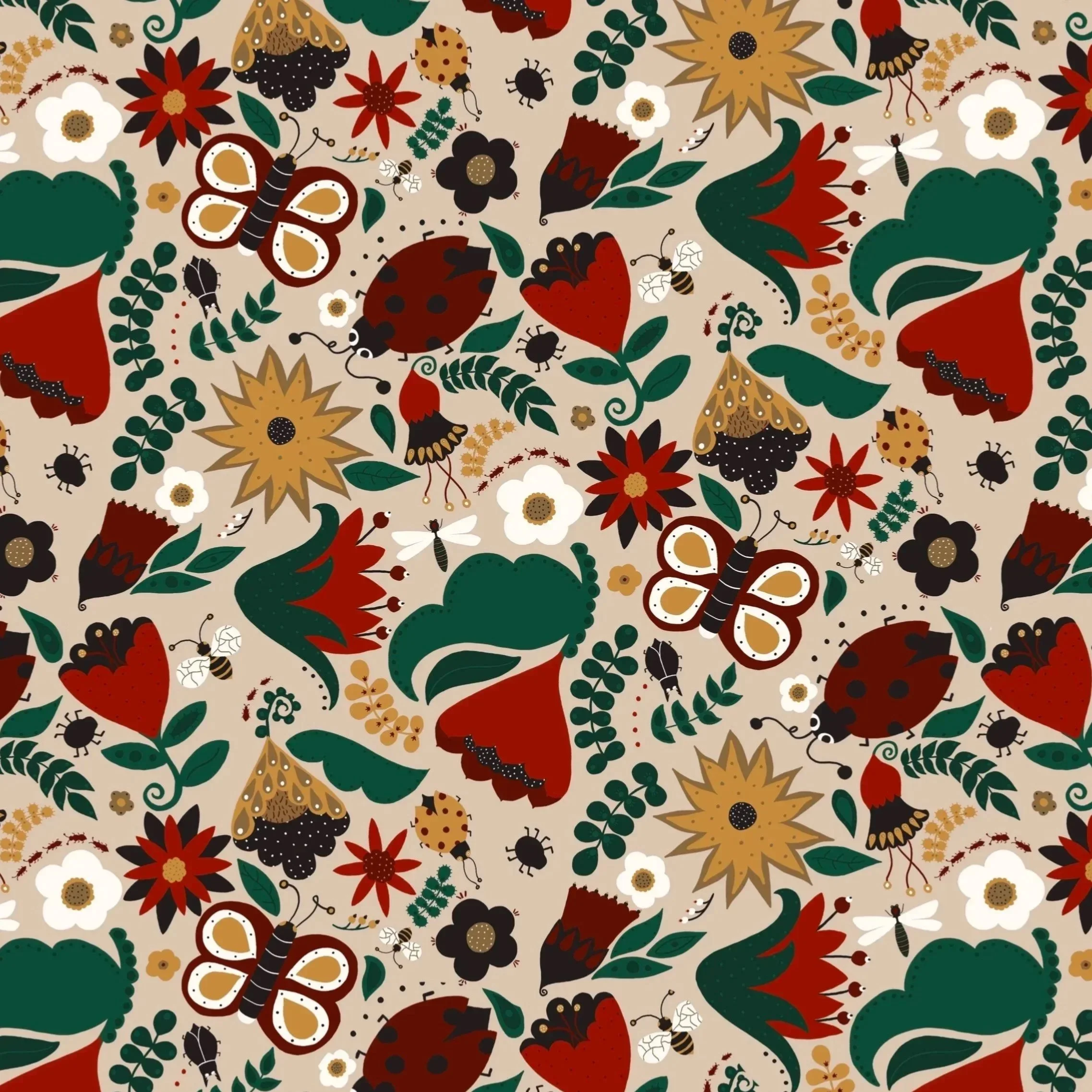 A colorful pattern featuring butterflies, ladybugs, bees, various flowers, and leaves on a beige background.