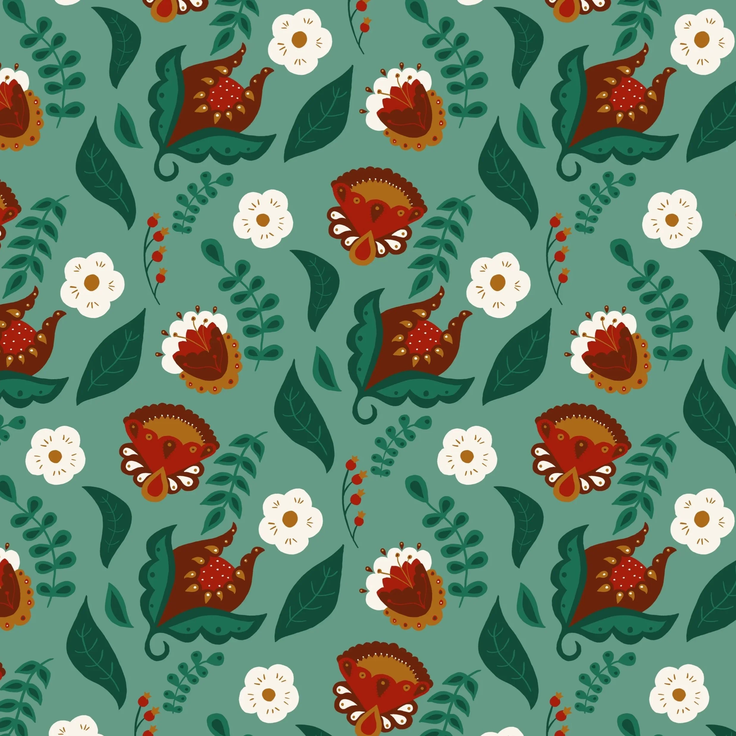 Pattern of red and white flowers, green leaves, and stylized butterflies on a green background.