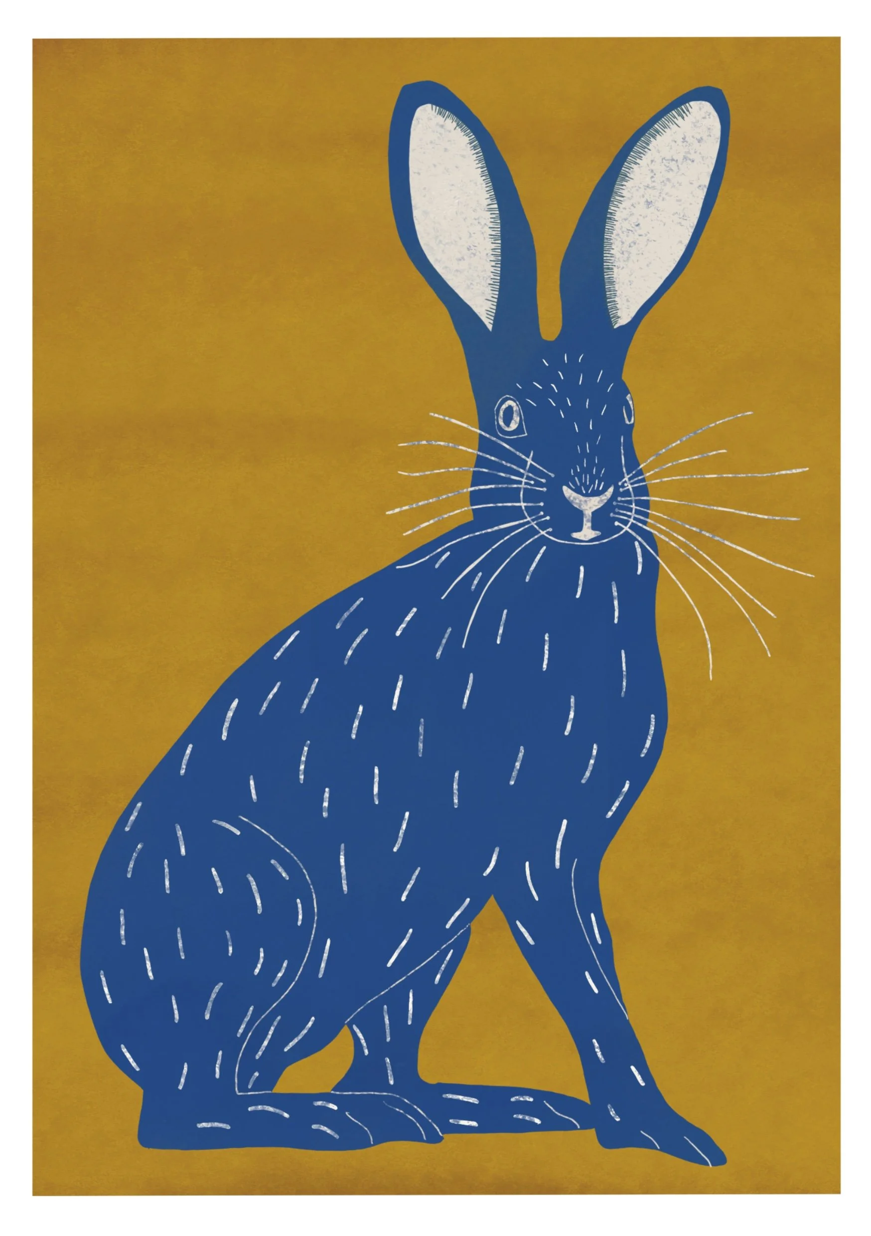 A stylized illustration of a sitting hare with elongated ears, drawn in blue and white against a mustard yellow background.