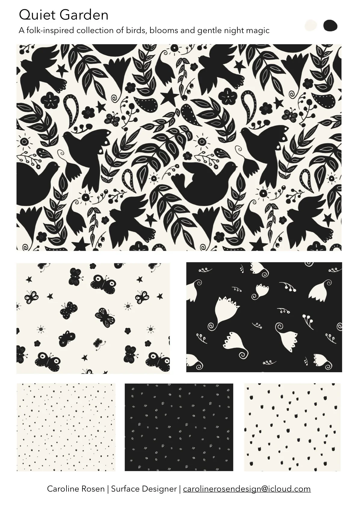 Black and cream birds, butterflies and tulips repeat pattern collection 