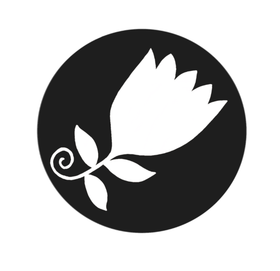 White flower with three leaves on a swirling stem inside a black circle.