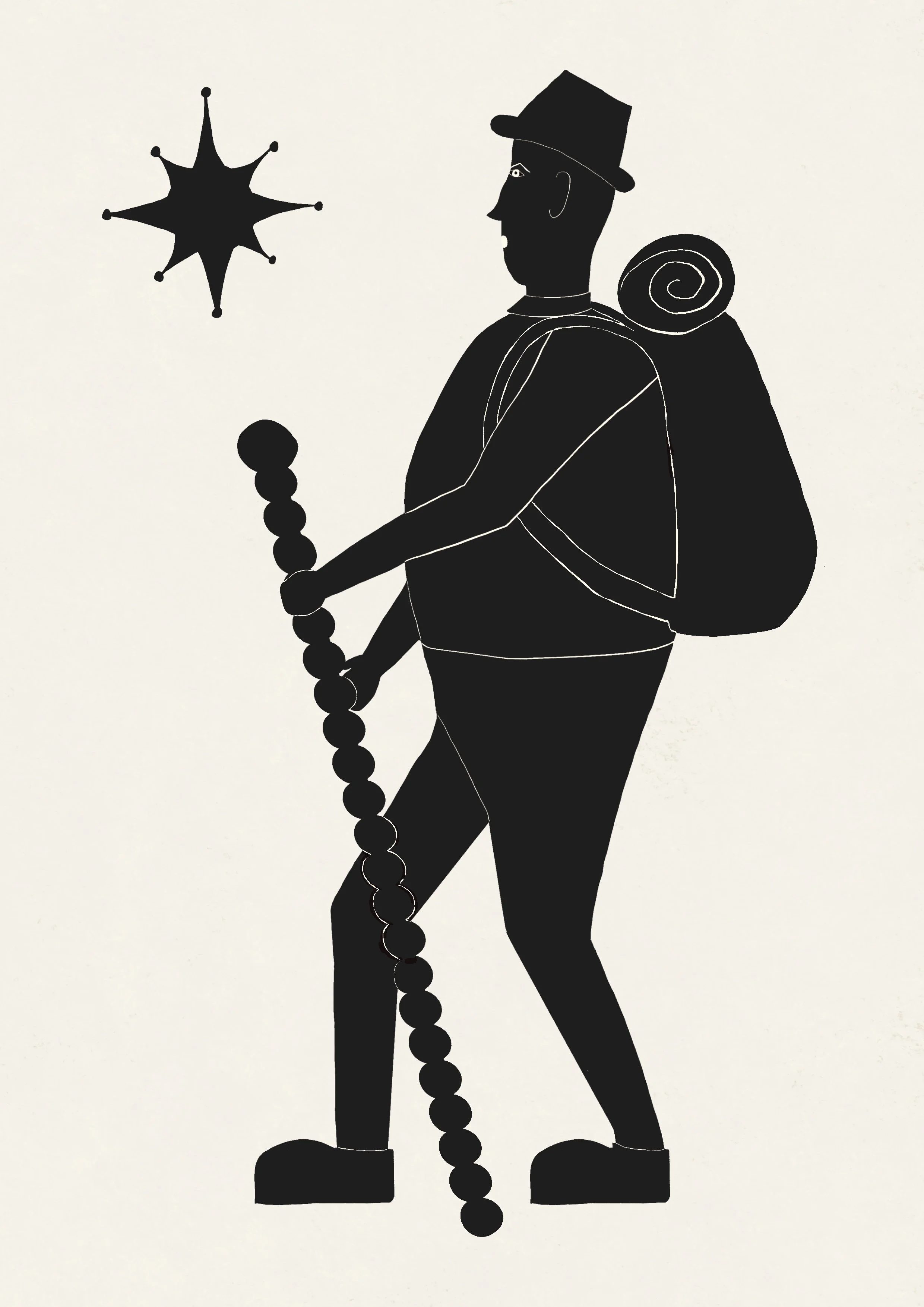 Black silhouette of a folk inspired wanderer with backpack, walking stick and sun