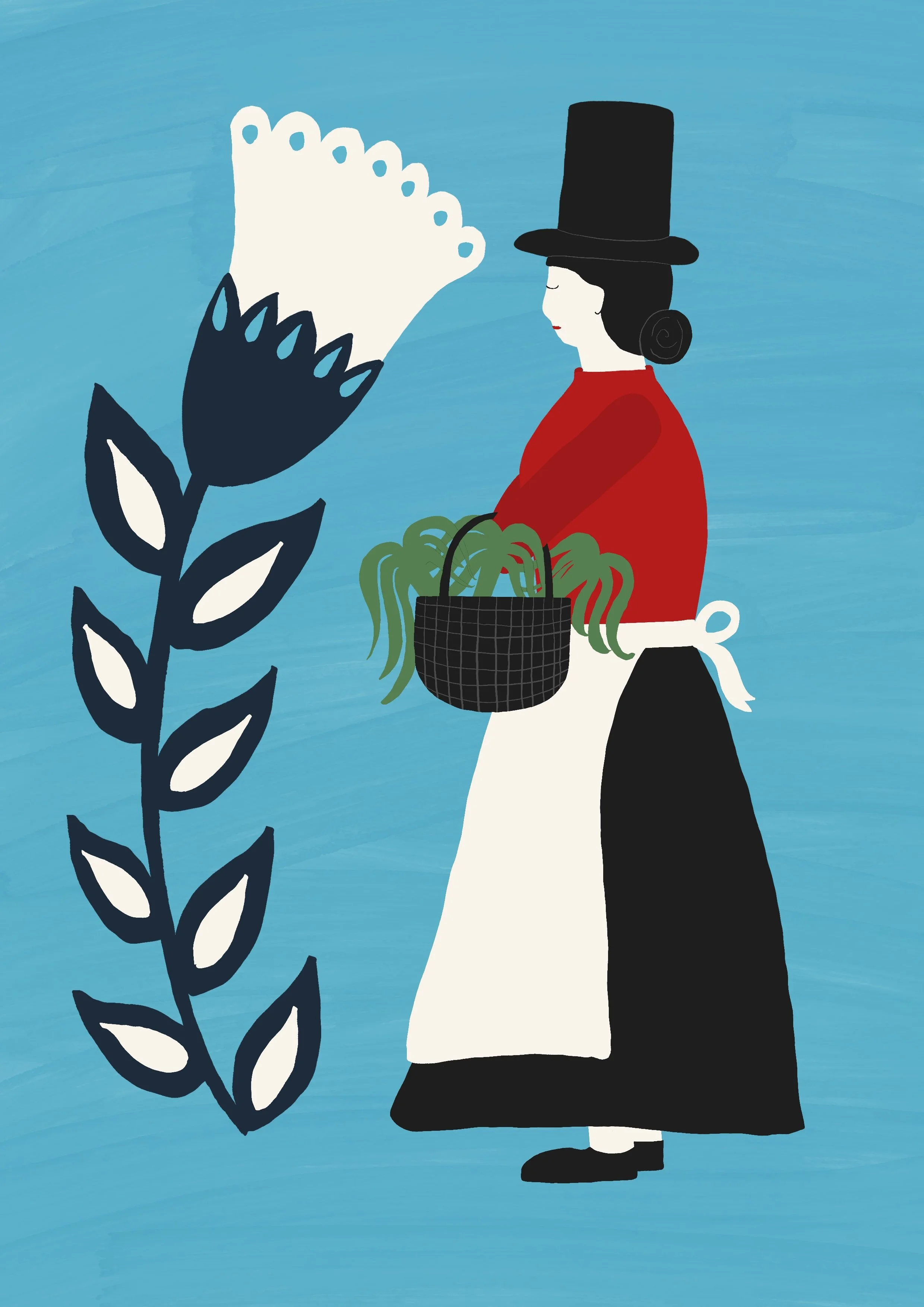 Welsh woman carrying a basket of leeks