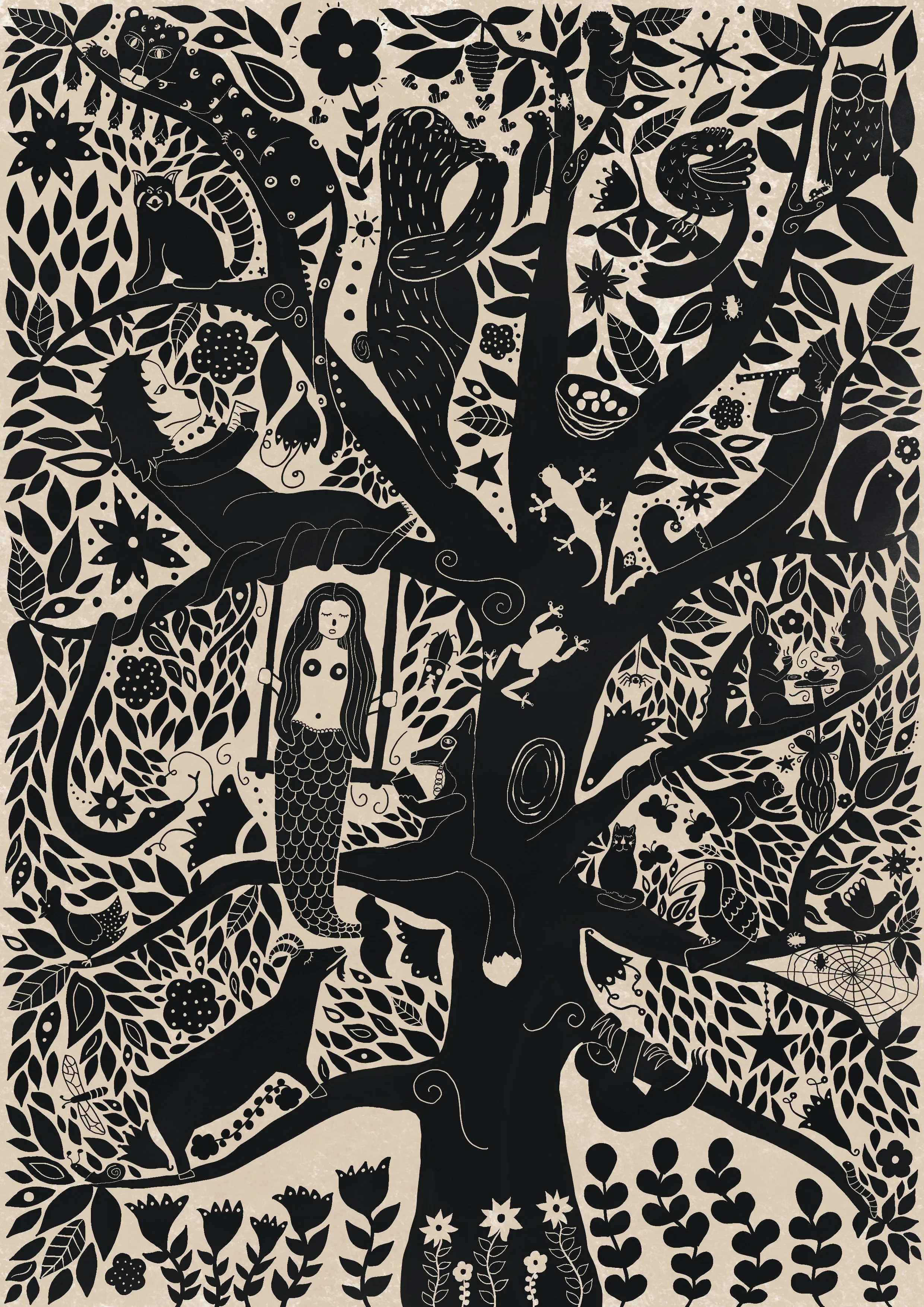 Black and white print of a fairytale tree with lots of mythical and animal creatures.