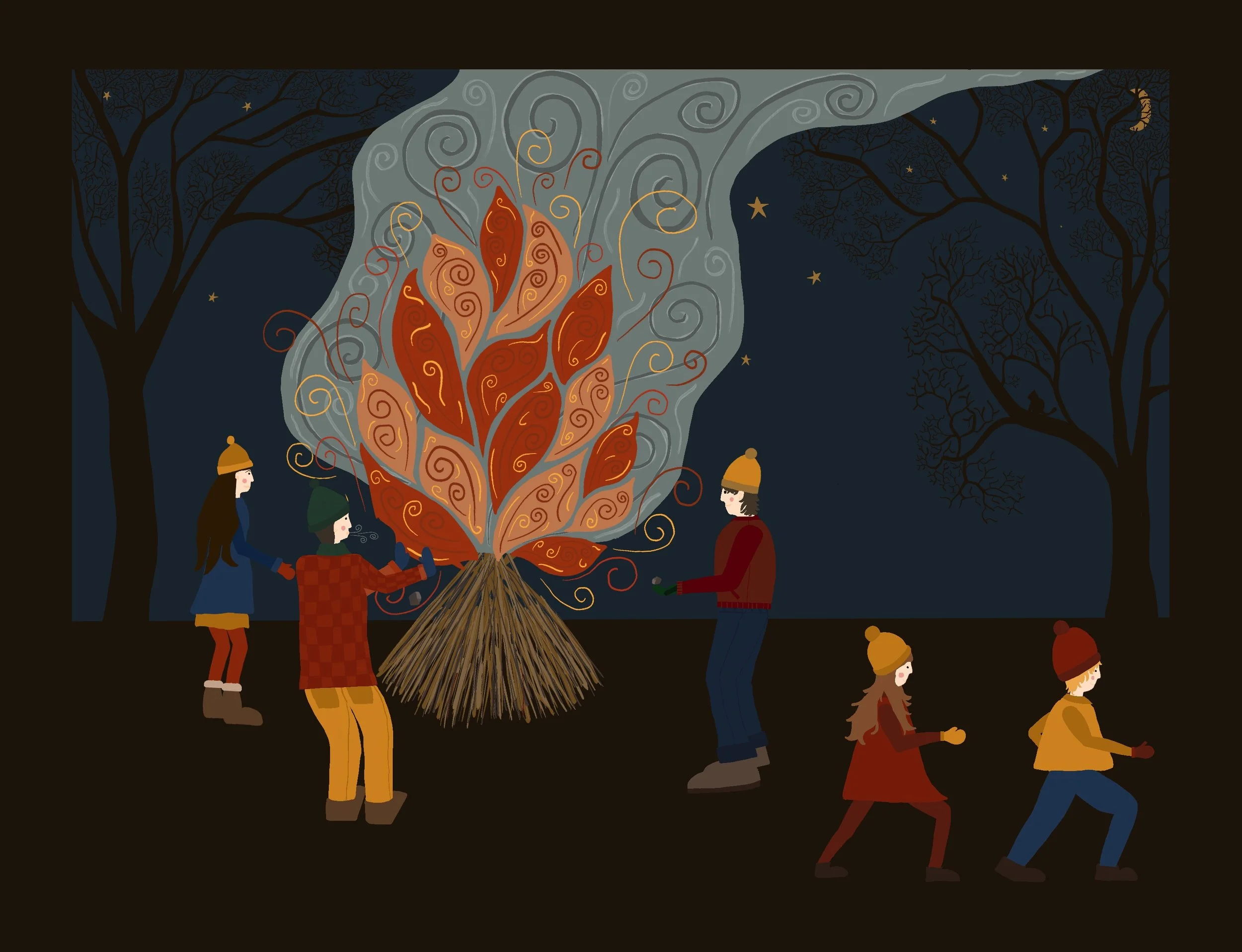 Children gathered around a fire with swirling flames and glowing embers in a night forest scene, with trees and stars visible in the dark sky.