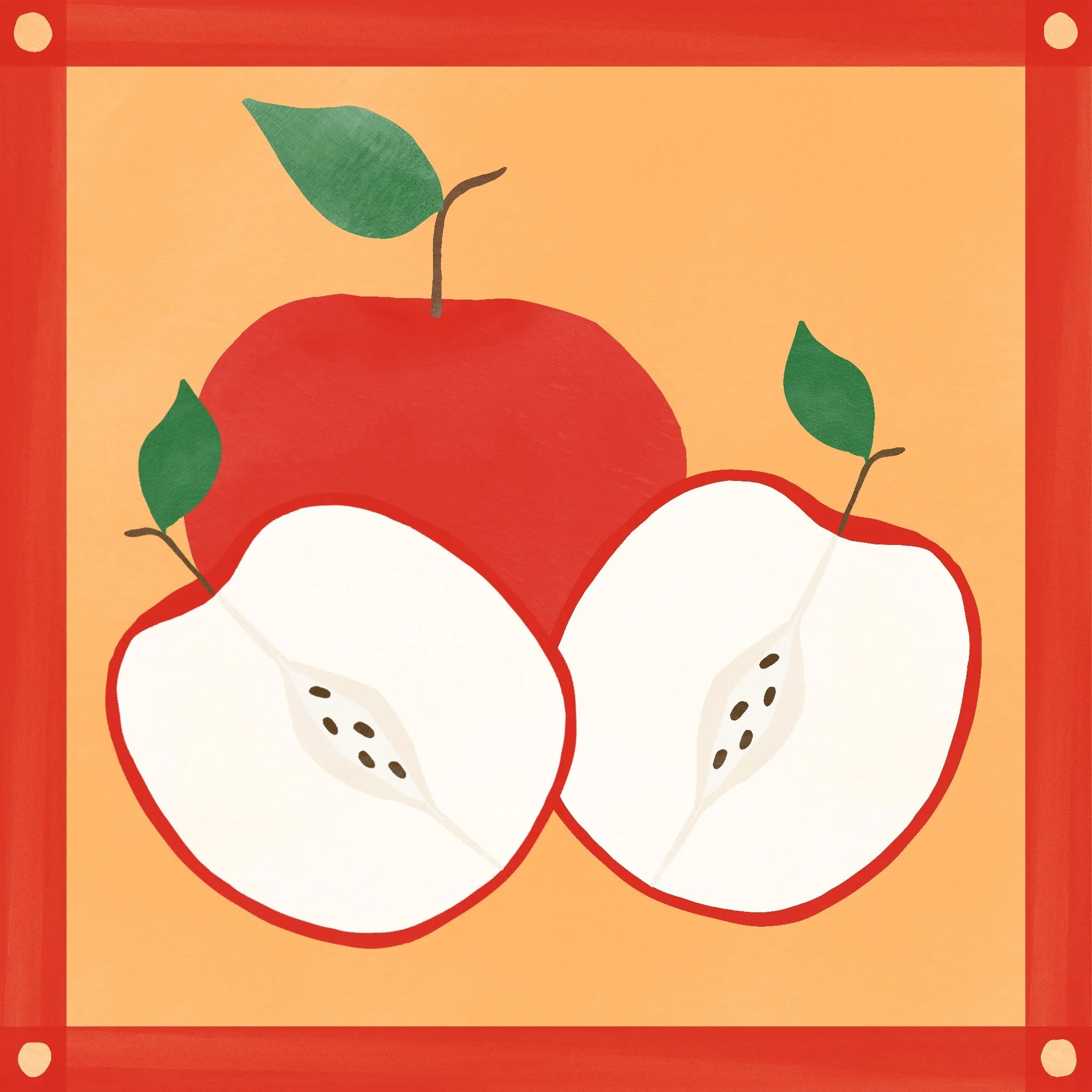 Illustration of a red apple with a green leaf and two sliced apple halves, each with a seed core and green leaves, set against a peach and orange background with a red border.