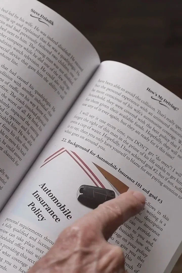 Steve Dziadik points out some details from his book, "How's My Driving." A still from his author interview video.