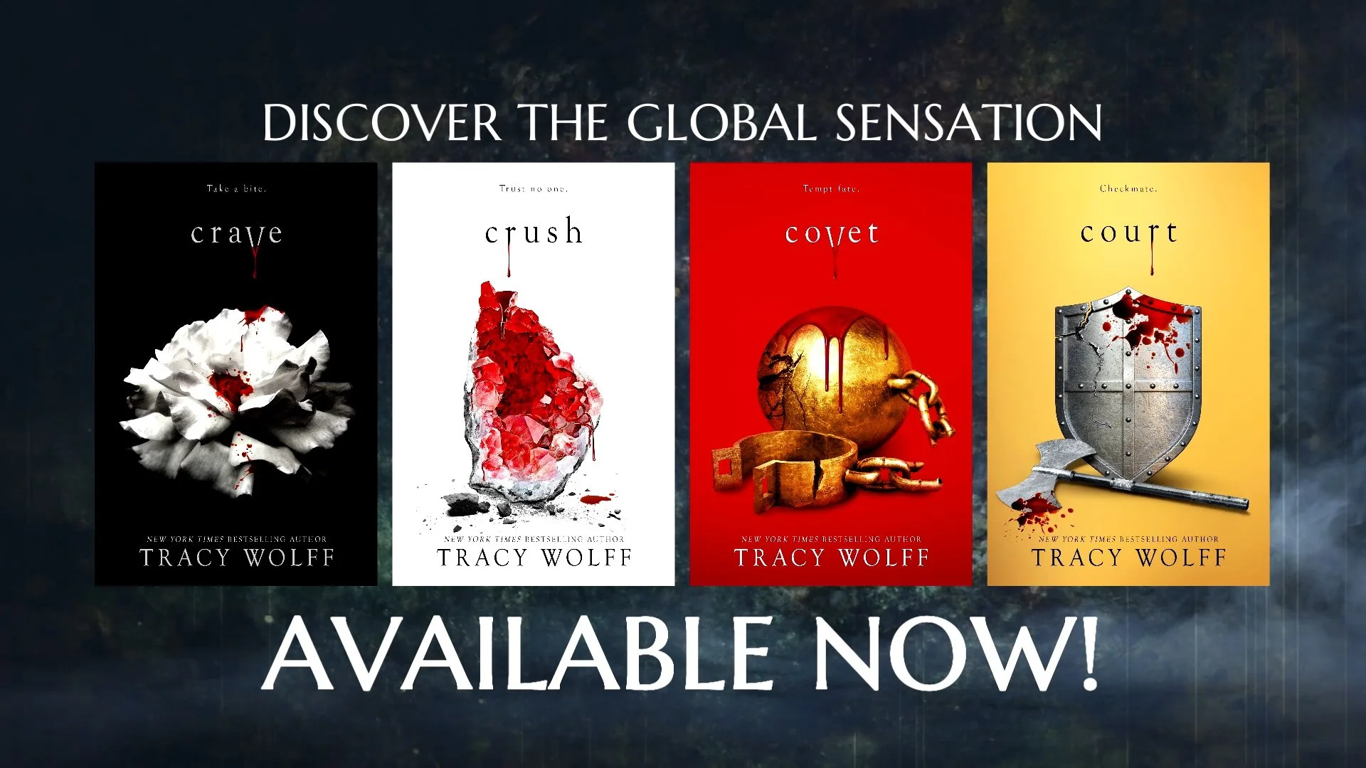 Book Trailer for the book series by Tracy Wolff, titled 'Crave,' 'Crush,' 'Covet,' and 'Court,'   'Discover the Global Sensation' and 'Available Now'.