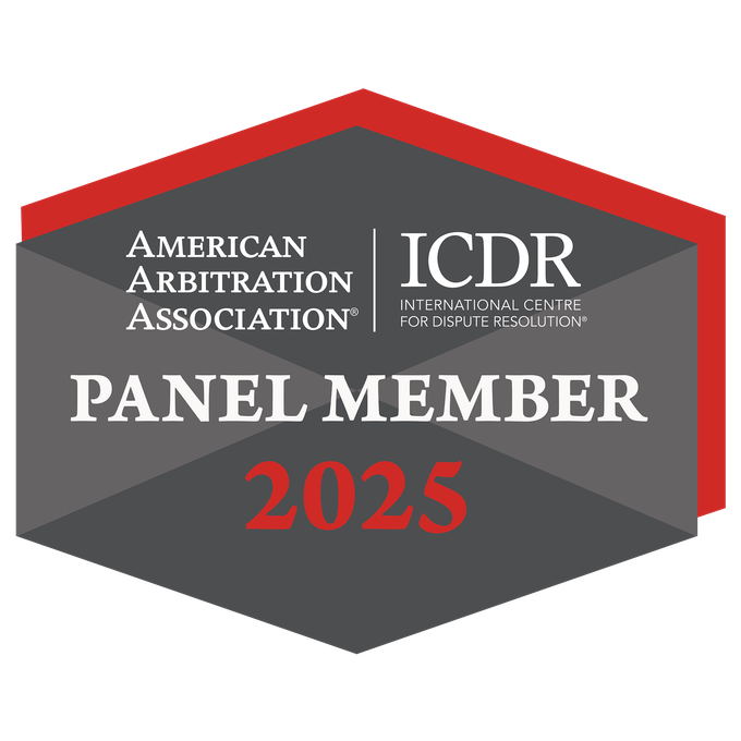 Badge for American Arbitration Association ICDR recognizing 2025 panel member.