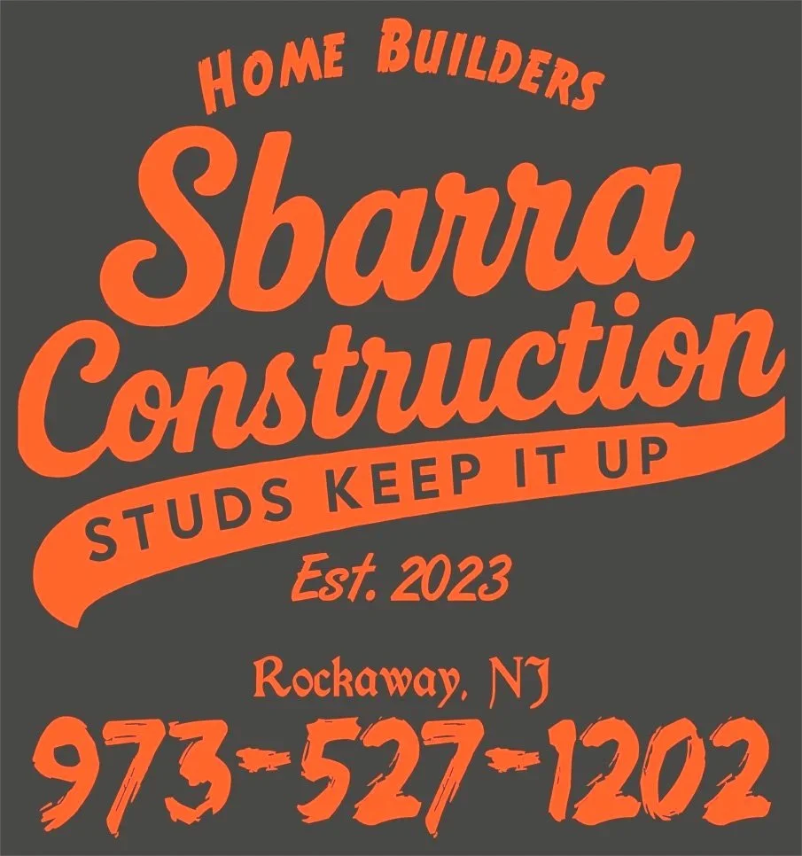 A sign for Sbarra Home Builders Construction. It mentions studs keep it up, established in 2023, located in Rockaway, NJ, with a phone number 973-527-1202. The sign has orange text on a dark background. It promotes framing construction.