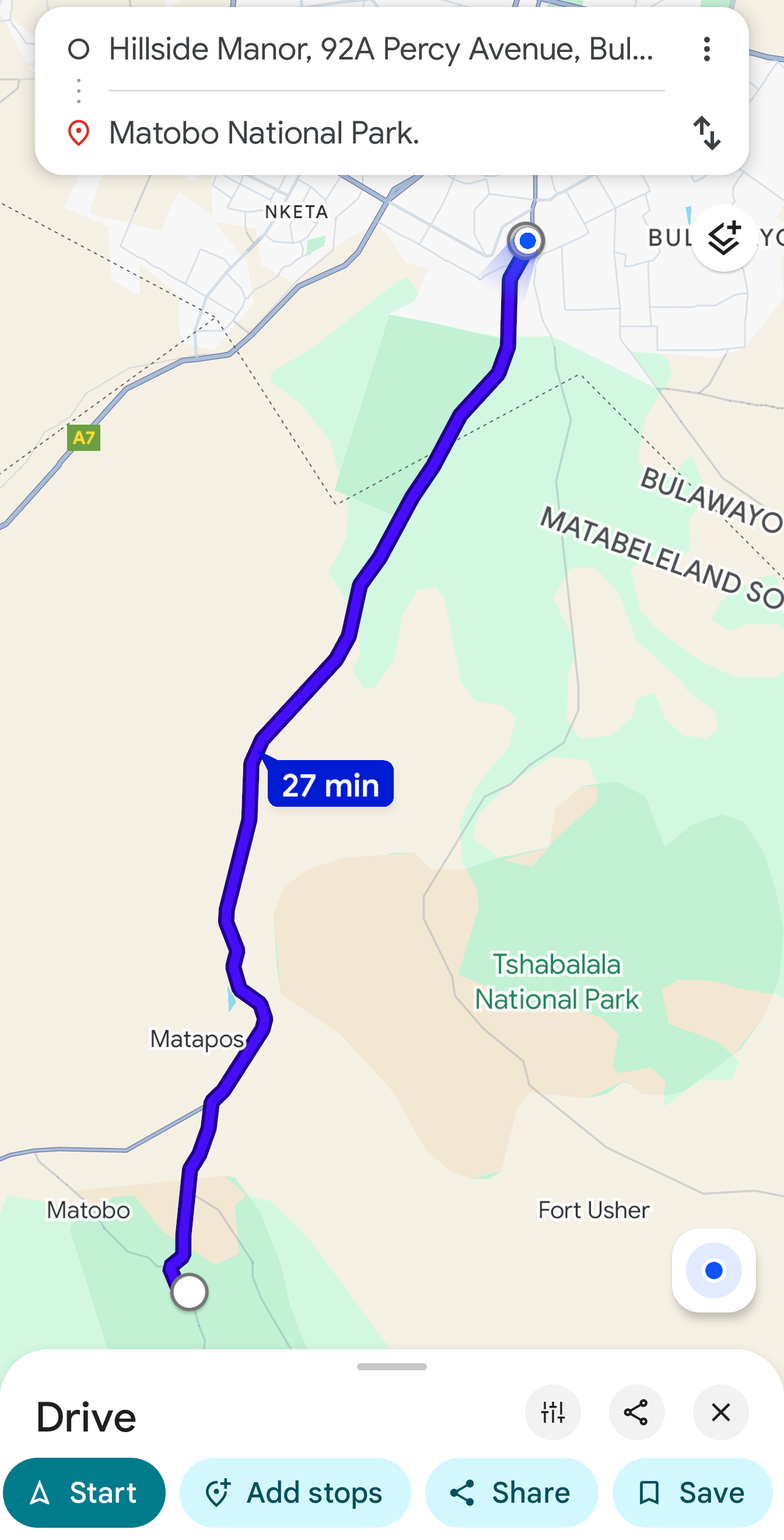 Map showing a driving route from Matopo to Hillside Manor, with landmarks including Matabeleland South and Mashaba National Park.