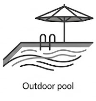 Illustration of an outdoor swimming pool with a ladder and a large umbrella