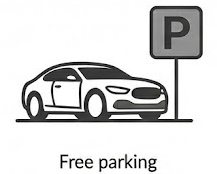 Illustration of a car parked next to a parking sign with 'P' and the text 'Free parking' below.