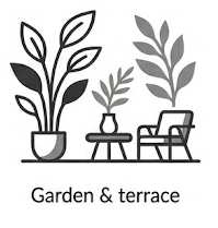 Line art drawing of potted plants, a small table with a vase, and a chair, with the text 'Garden & terrace' beneath.