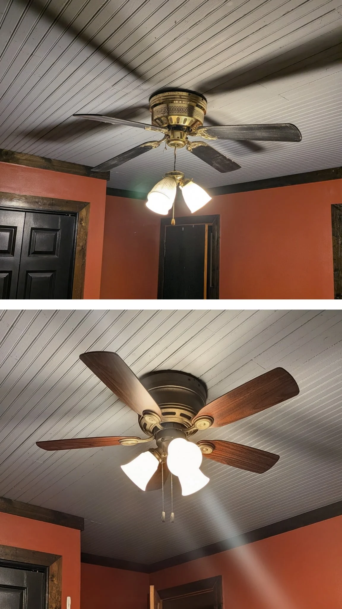 BEFORE: Existing ceiling fan with dated style and limited air flow. AFTER: New ceiling fan installed for improved airflow, lighting, and a cleaner updated appearance.