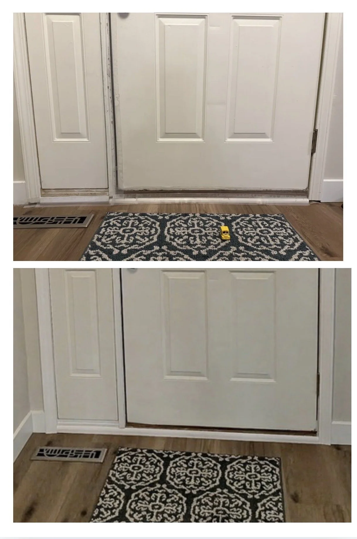 Before and after view of an entry door threshold and trim repair, showing draft issues prior to service and a tighter, cleaner seal after insulation, trim repair and weather striping replacement was completed.
