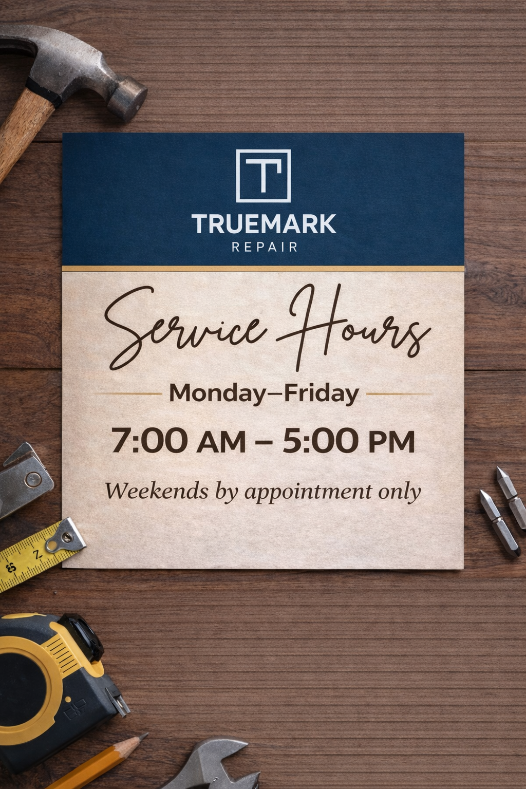 Service hours sign for Truemark Repair, showing Monday to Friday, 7:00 AM to 5:00 PM, with weekend appointments only, placed on a wooden surface with tools surrounding it.