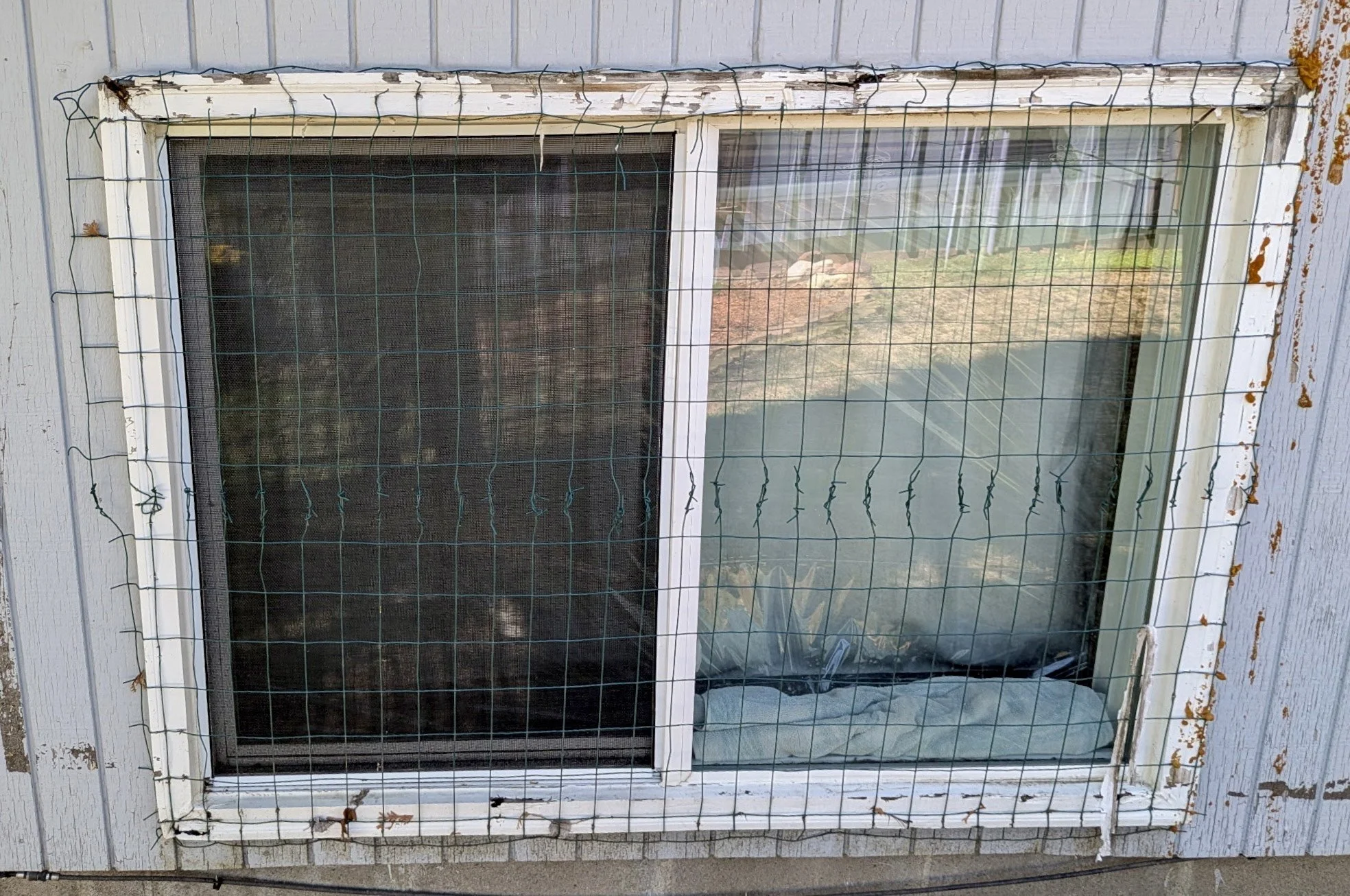 Before: Damaged window trim with exterior wire mesh and visible wear.