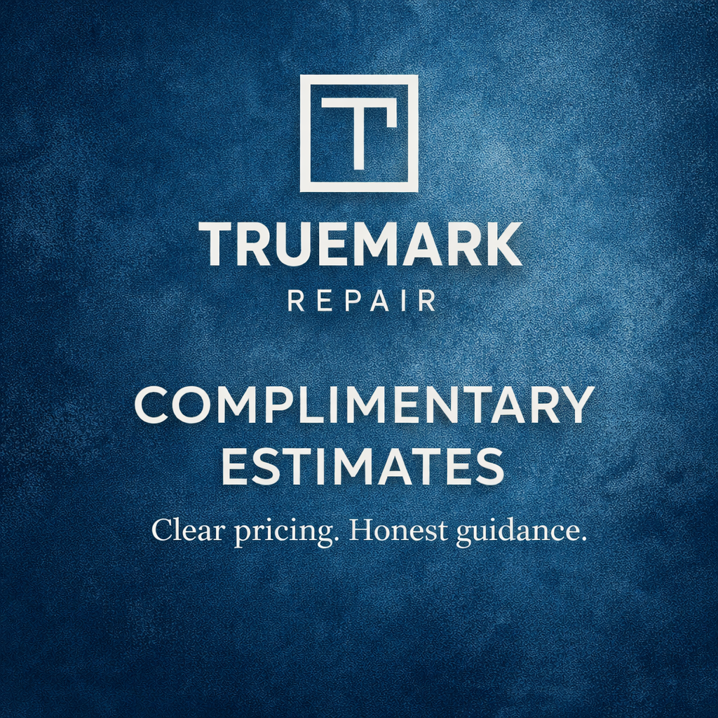 Blue textured background with white text and logo for TRUEMARK Repair, offering complimentary estimates and honest guidance.