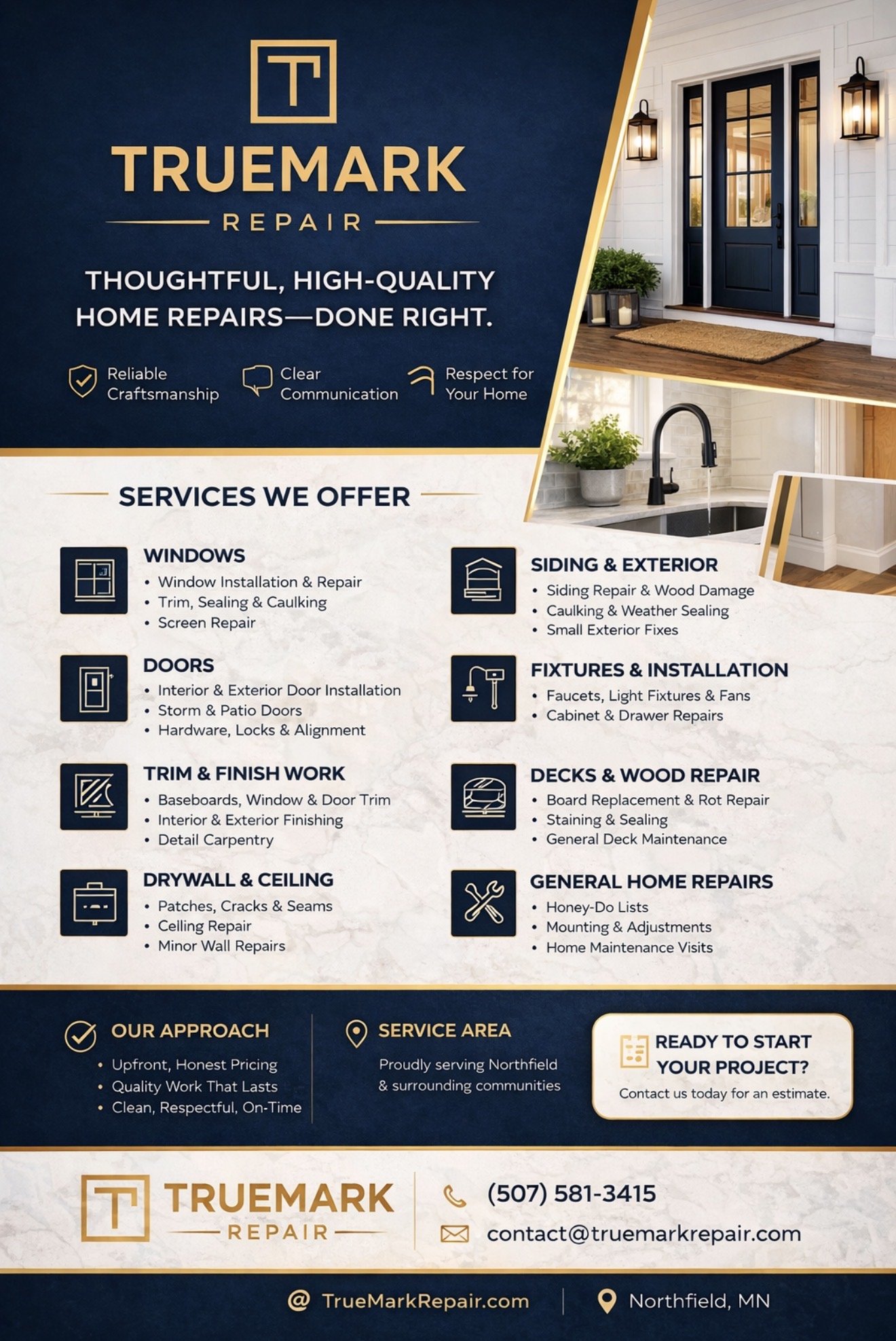 TrueMark Repair flyer showing home repair services including doors, windows, trim, and general home repairs in Northfield, MN.