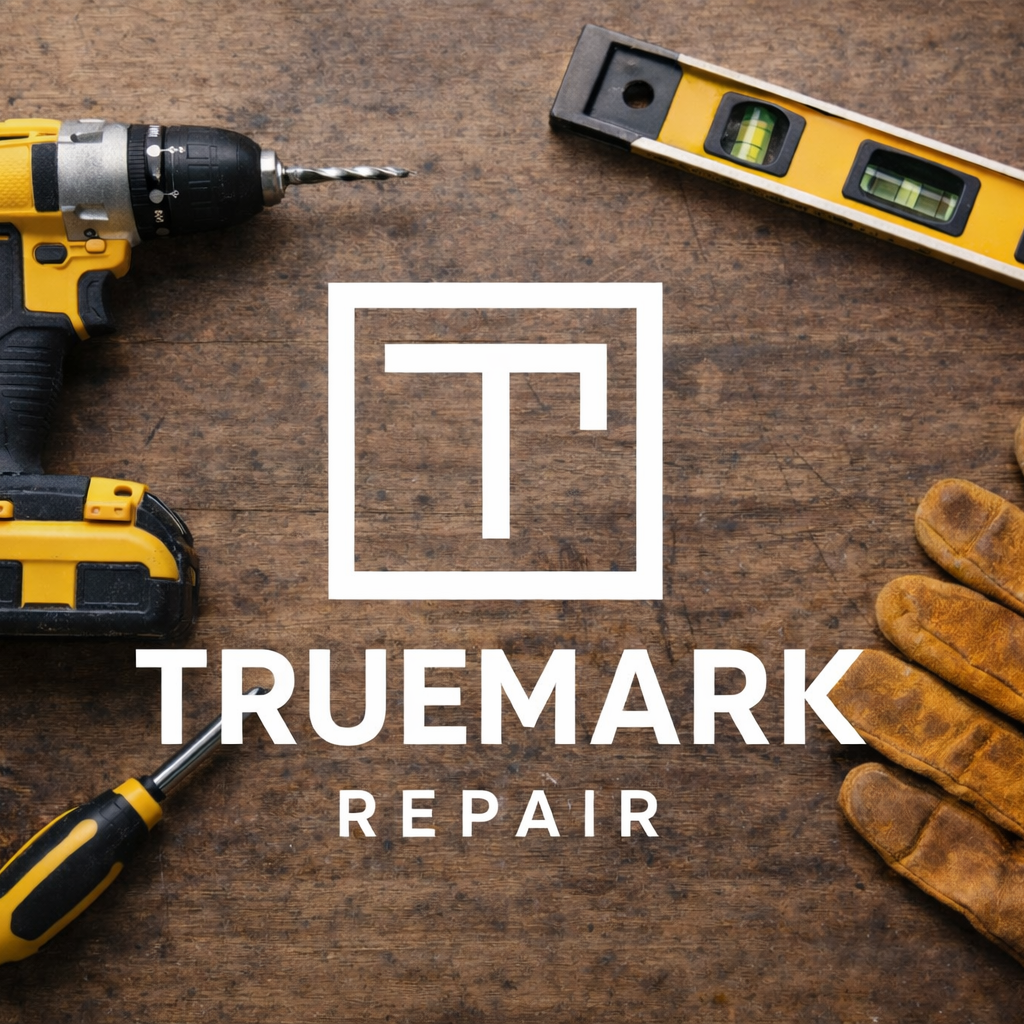 A wooden workbench with a yellow and black power drill, a spirit level, a screwdriver, and a pair of work gloves. The overlay text says "TRUEMARK REPAIR" with a logo of a stylized 'T' inside a square.
