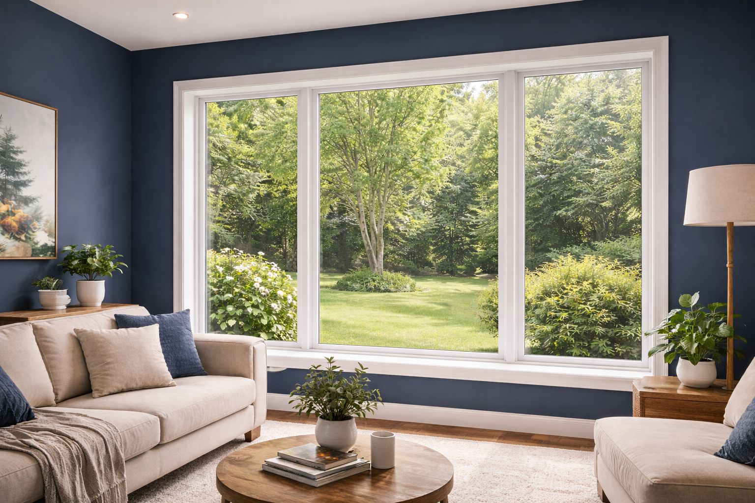 Large modern window installation in Northfield MN with white trim and navy accent wall.