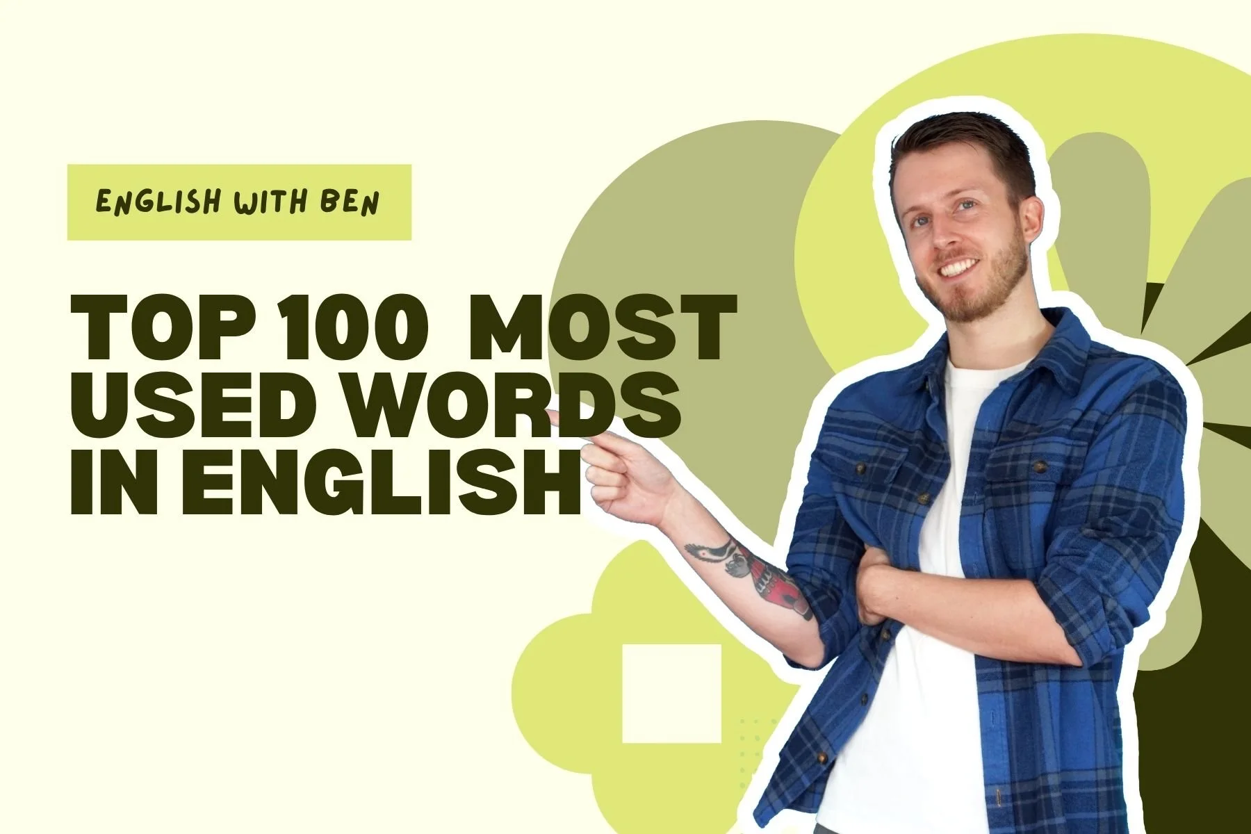 A man with short brown hair, a beard, tattoos on his right arm, wearing a blue plaid shirt and white t-shirt, standing with arms crossed and smiling, pointing to the text "Top 100 Most Used Words in English" on a green background with stylized illustrative elements. The title "English with Ben" appears above in a green box.