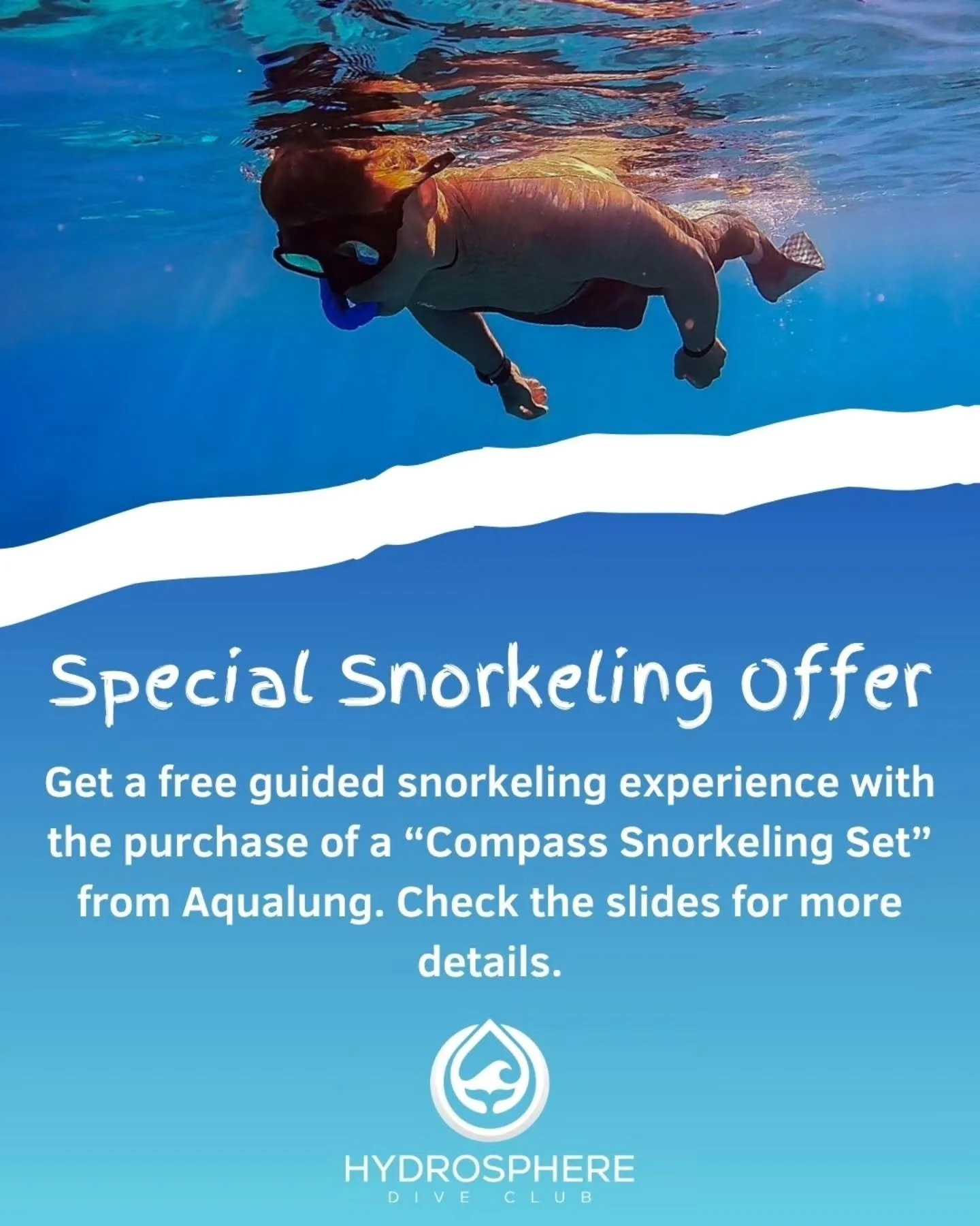 🌊 Special offer for snorkelers &mdash; and anyone who wants to discover the underwater world 🤿🐠
Get a FREE guided snorkeling experience with the purchase of a snorkeling set here at Hydrosphere Dive Club ✨

Interested or need more details?
Send us