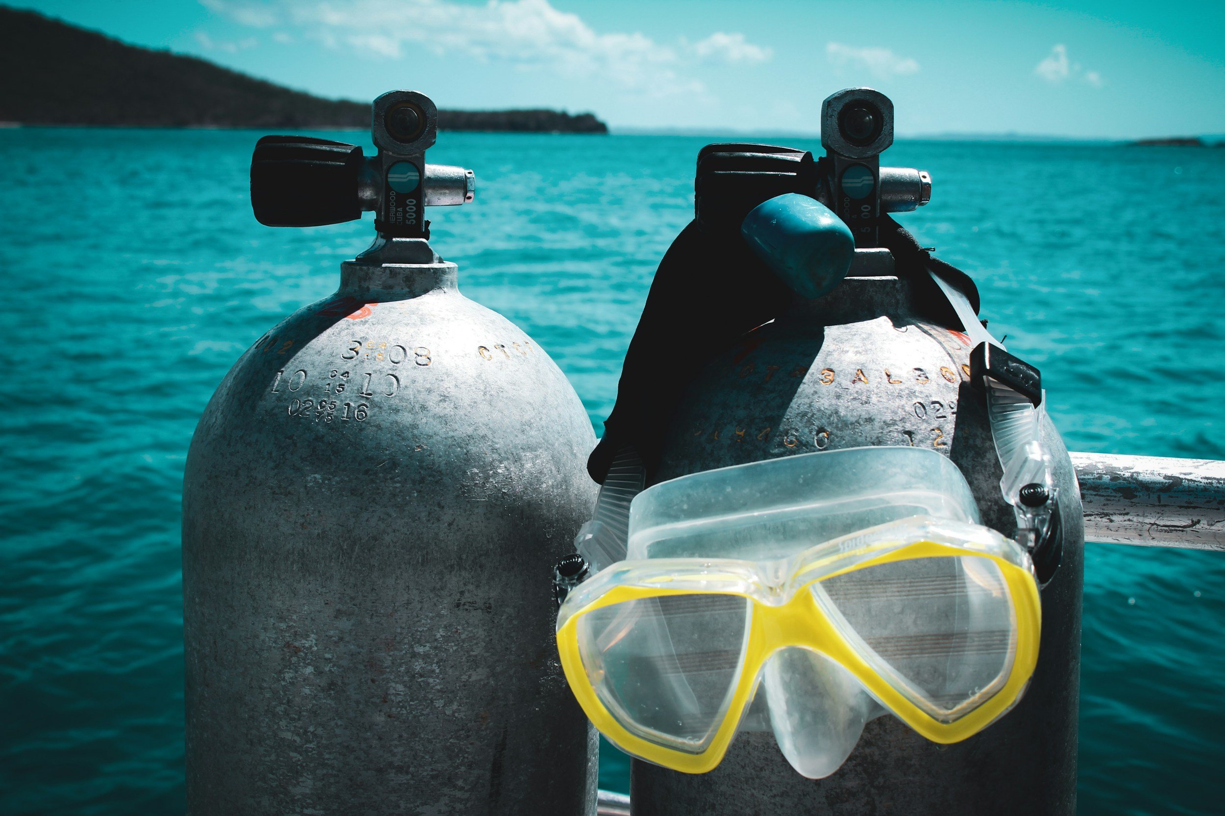 Scuba tanks and diving mask prepared for shore and wreck dives in Protaras, Cyprus.