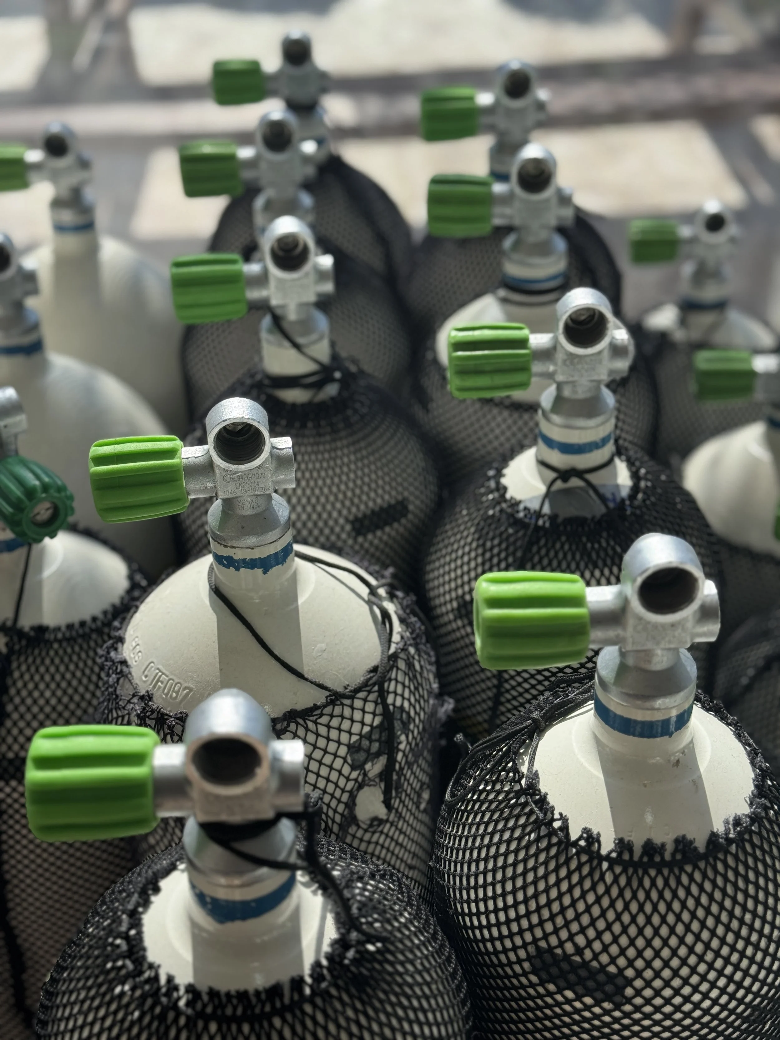 Nitrox scuba tanks lined up at Hydrosphere Dive Club in Cyprus.